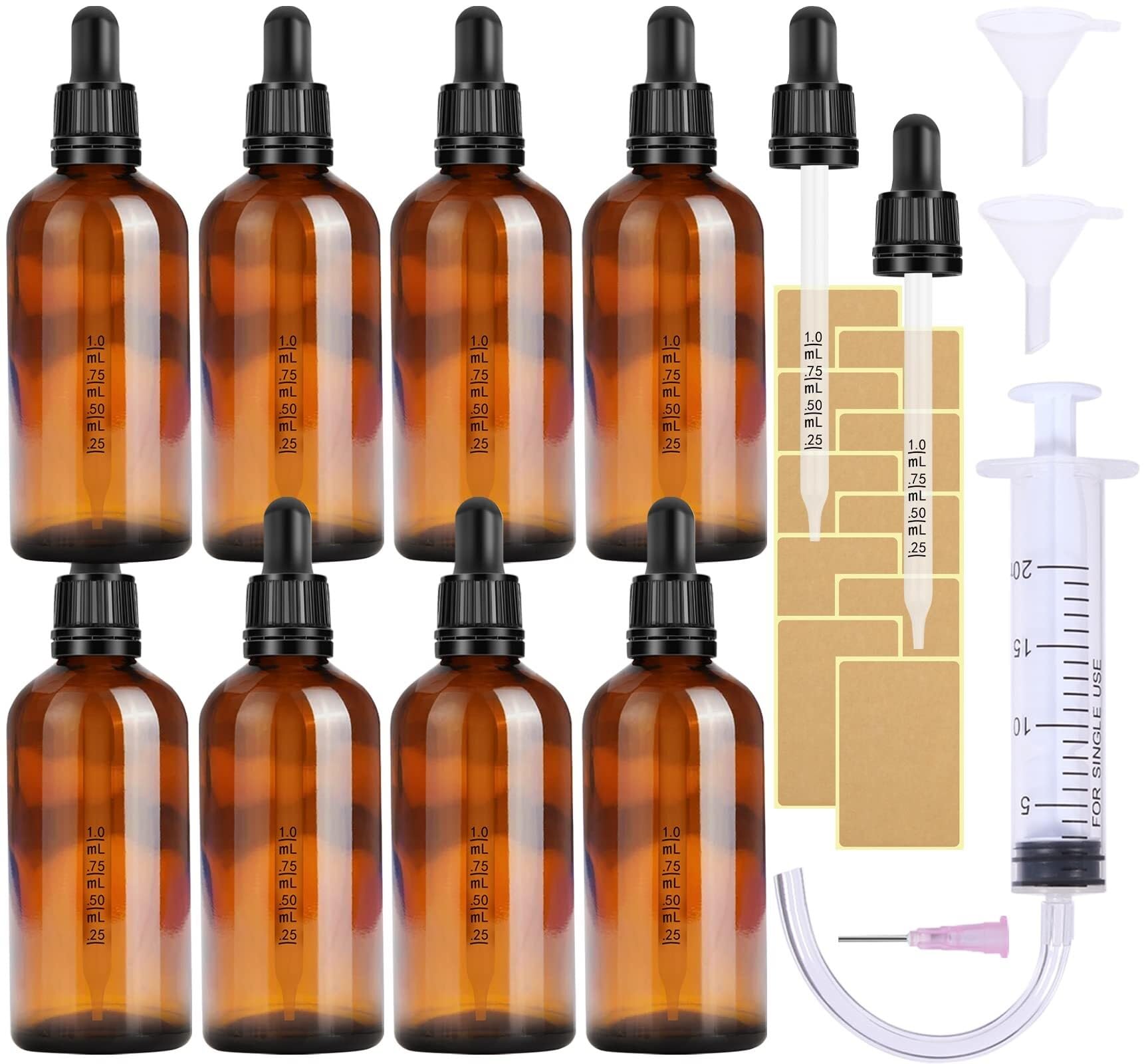 Braune Glas-Tropfflaschen 50ml - 2er-Pack mit Tropfern & Zubehör, Auslaufsicher für Ätherische Öle & Aromatherapie(100ml 8pcs)
