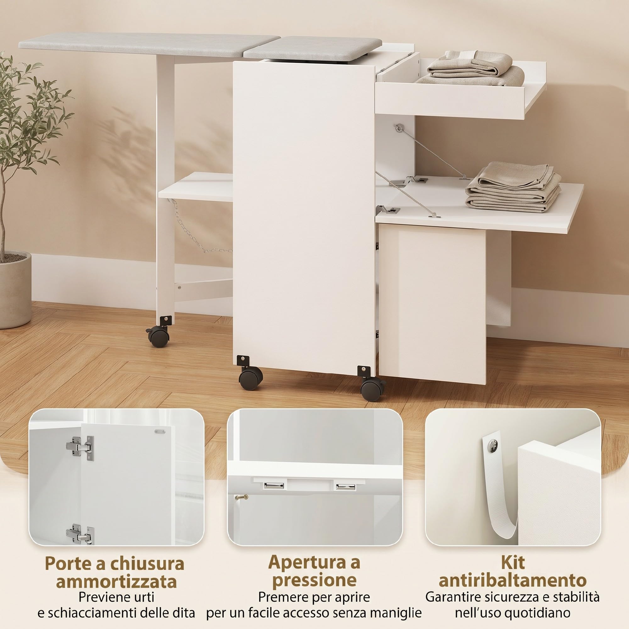 HOMCOM Mobile Asse da Stiro Pieghevole con Ruote e Portaferro da Stiro, Mobile da Stiro Multiuso con Ripiani, Vano Aperto, per Lavanderia, Bagno, 154x55x87 cm, Bianco