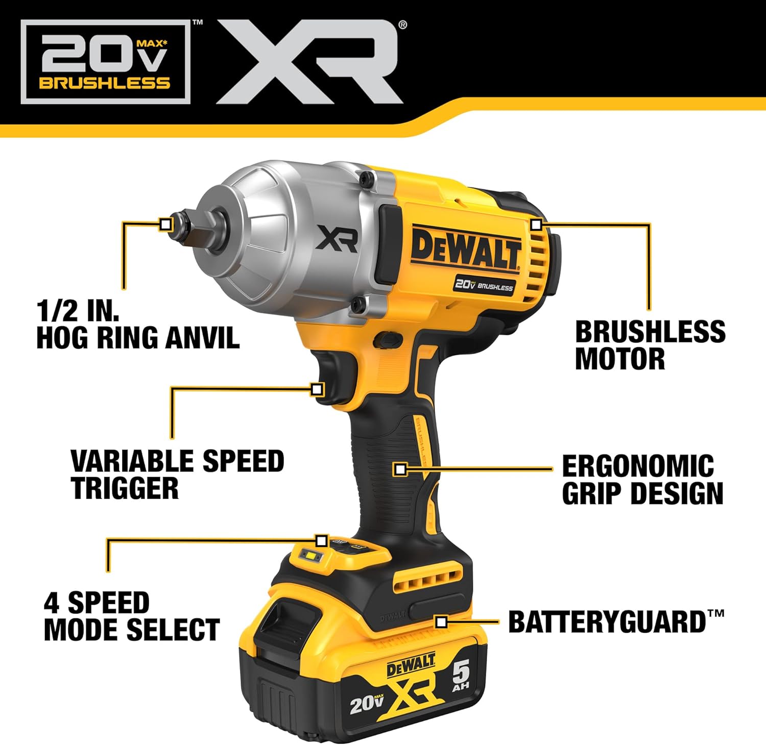 DEWALT 20V MAX Cordless Impact Wrench Kit, 20V MAX, 1/2" Hog Ring With 4-Mode Speed, Includes Battery, Charger and Kit Bag (DCF900P1) - - 