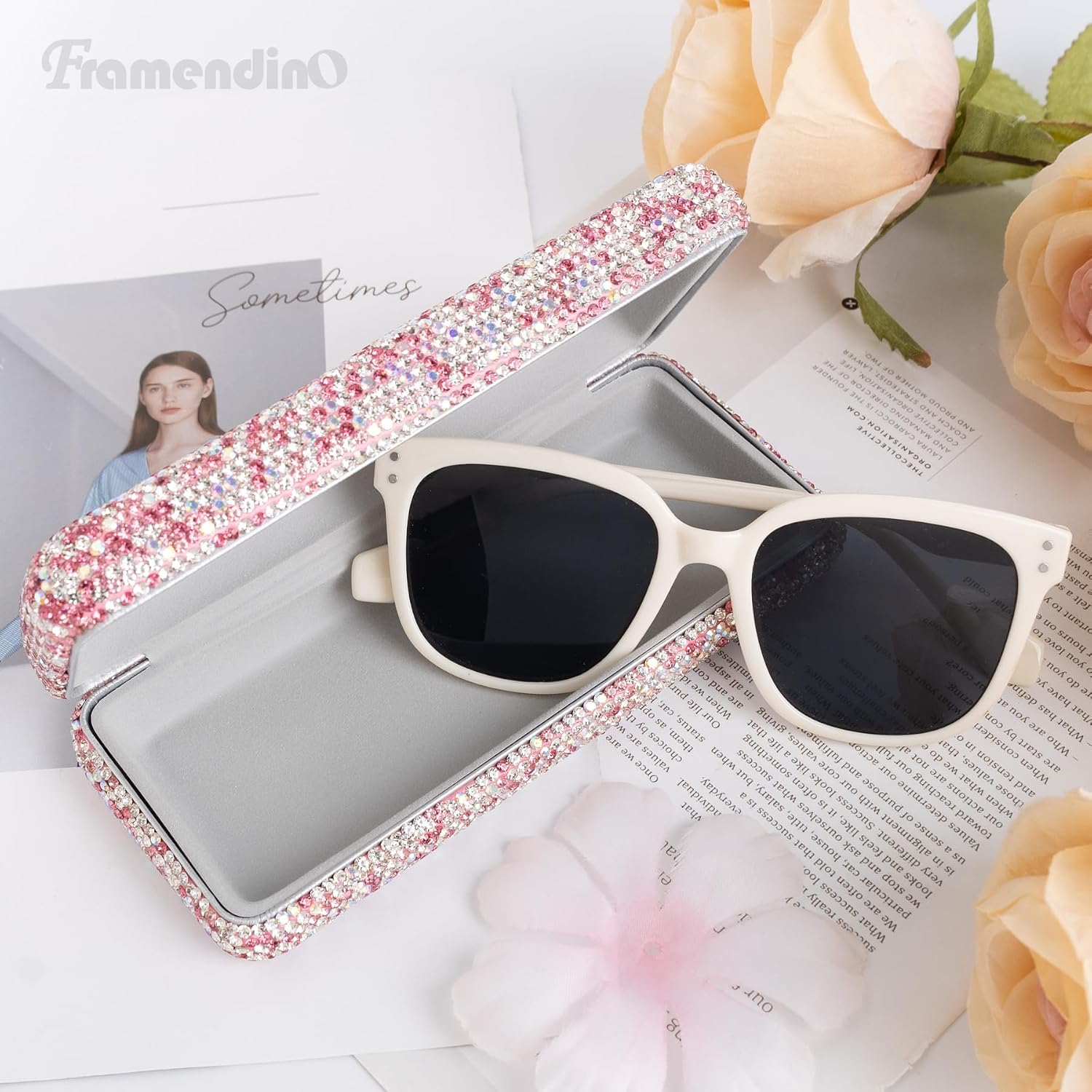 Framendino, Metal Bling Sunglasses Case Hardshell Pink Shiny Cute Large for Women Eyeglasses
