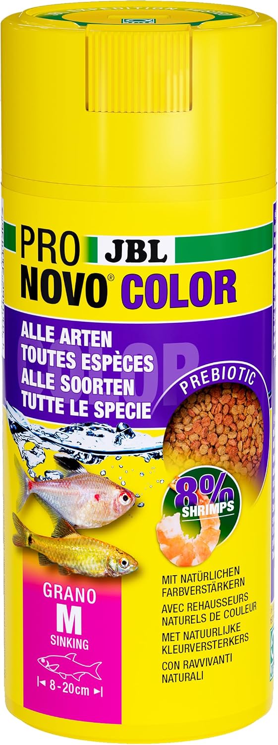 JBL PRONOVO COLOR GRANO CLICK, 8-20 cm tüm akvaryum balıkları için renkli yem granülleri, klik dozajlayıcı, balık yemi granülleri, boyut M, 250 ml