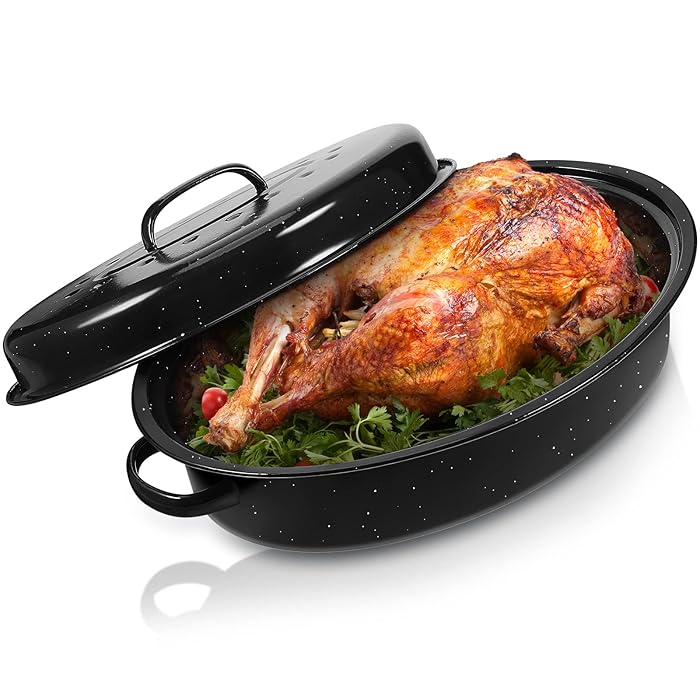 Buy Enamel Covered Oval Roaster Pan Thanksgiving Turkey Roasting Pan with Lid 4.8 Quart 14.5