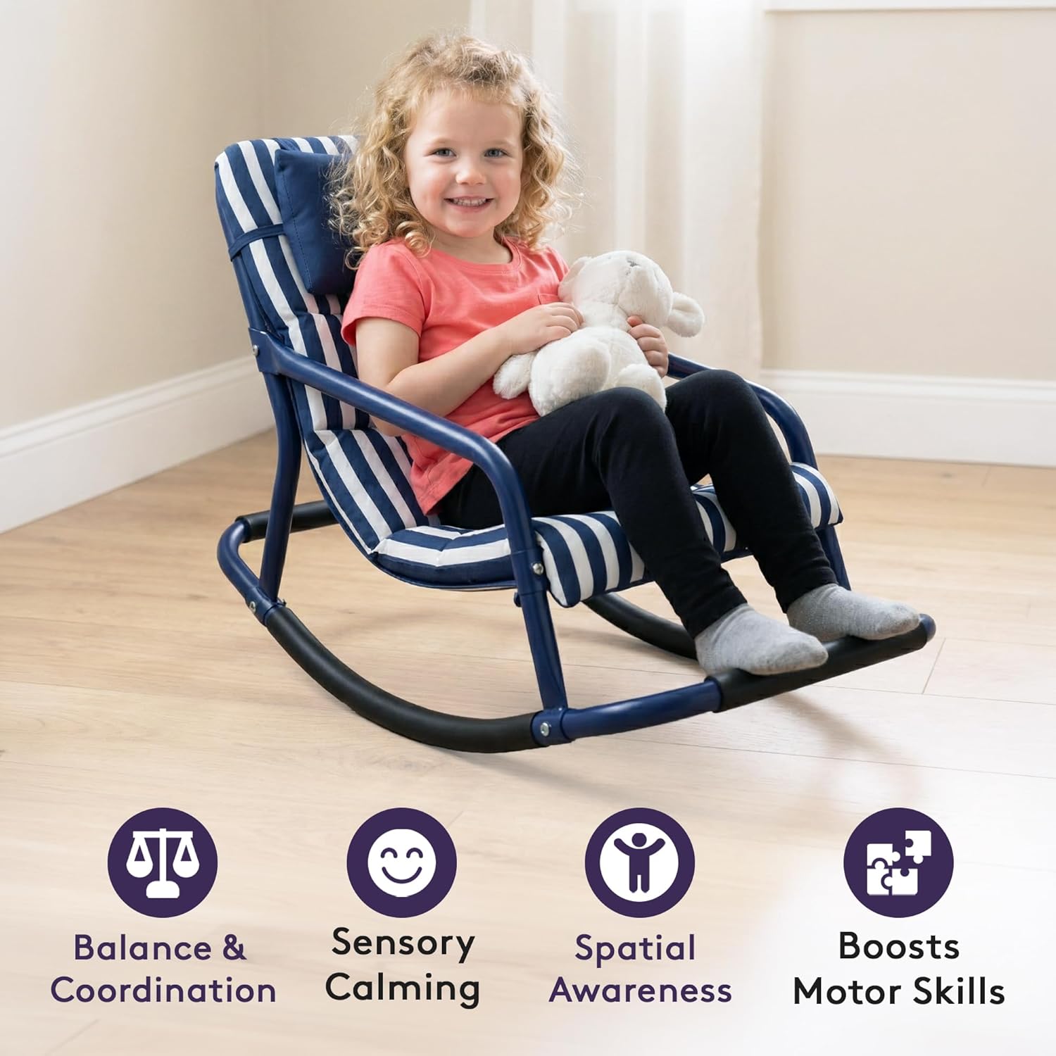 Special Supplies Sensory Rocking Chair for Kids - Comfortable Kids Rocker- Versatile Floor Chair with Soft Fabric and Stability for Playroom, Bedroom, or Nursery (Ages 3+) (Navy)