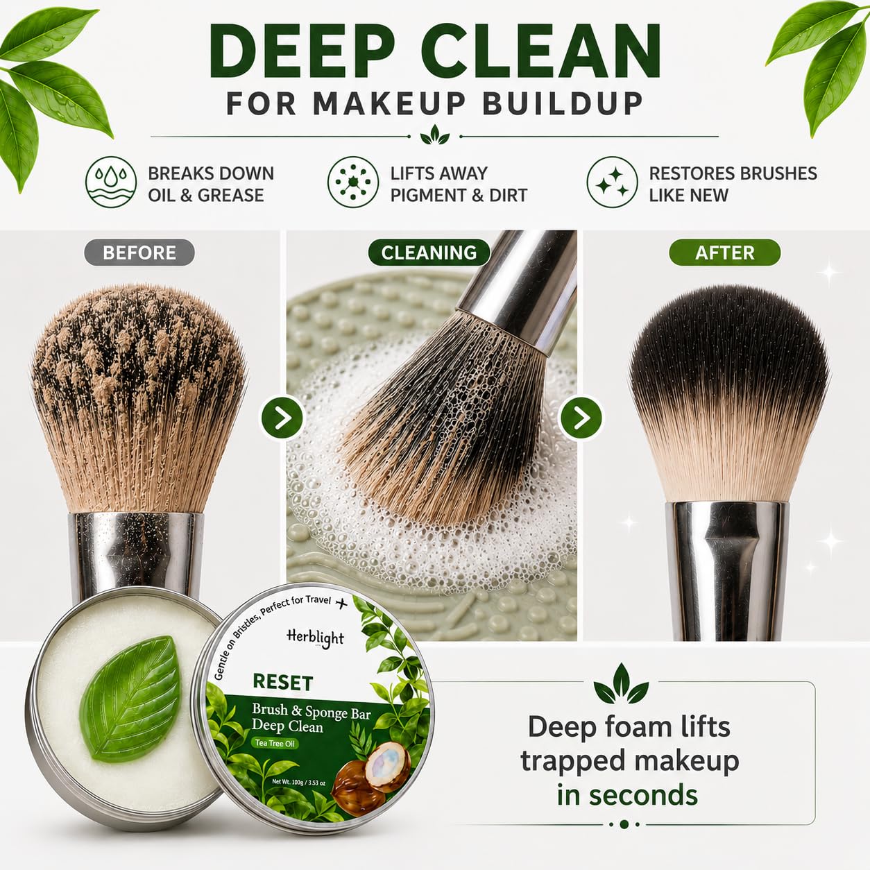 Makeup Brush Cleaner Soap with Silicone Pad, Tea Tree Oil Solid Brush & Sponge Cleanser, Deep Clean Makeup Residue, Vegan, 3.5 oz（100g） (Green Tea（1 PC）)