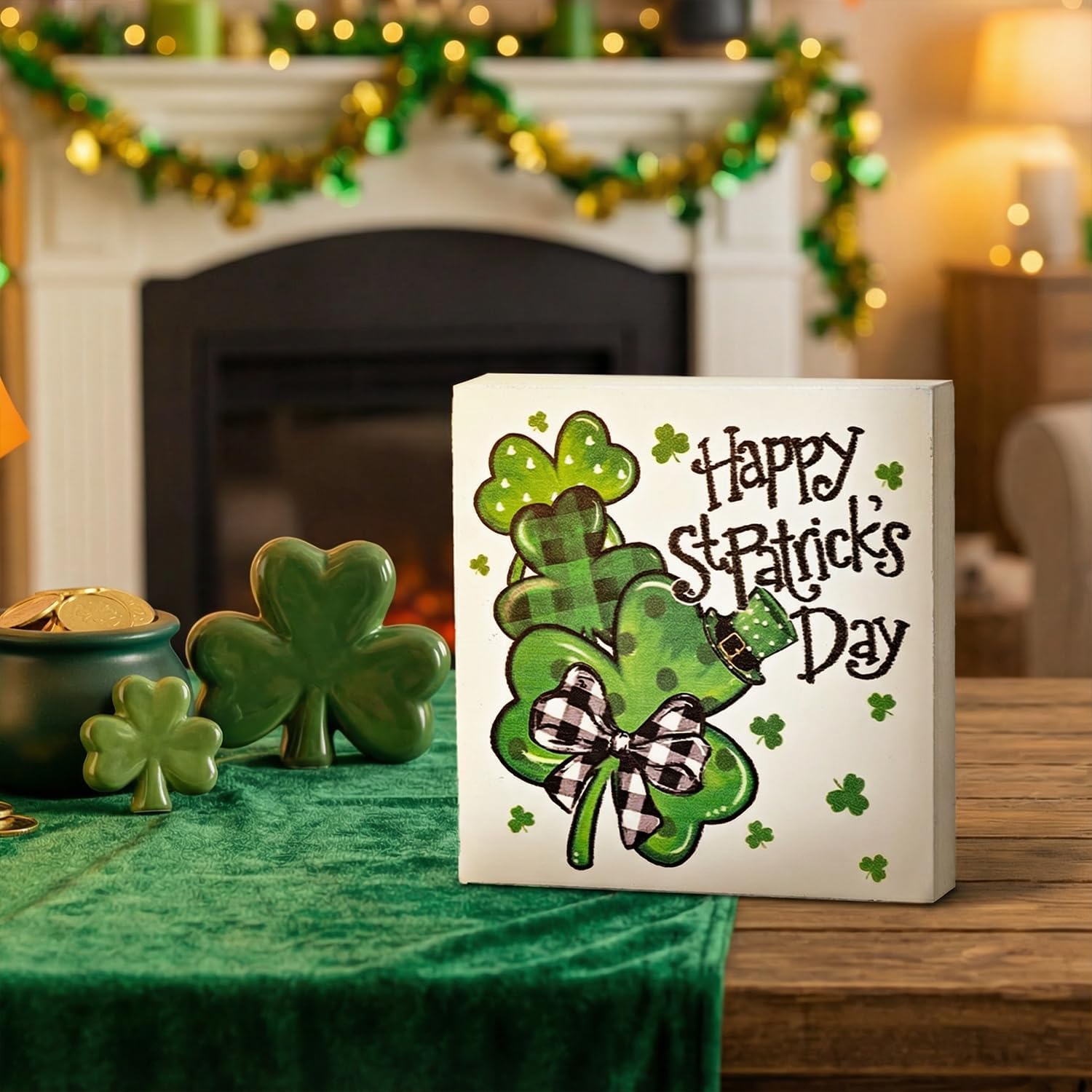 Smile Double-Sided St.Patrick's Day Wooden Block Decor, Shamrock "Happy St. Patrick's Day" & "Hello Lucky" Design, Tabletop Shelf Wood Sign for Home Office image 5