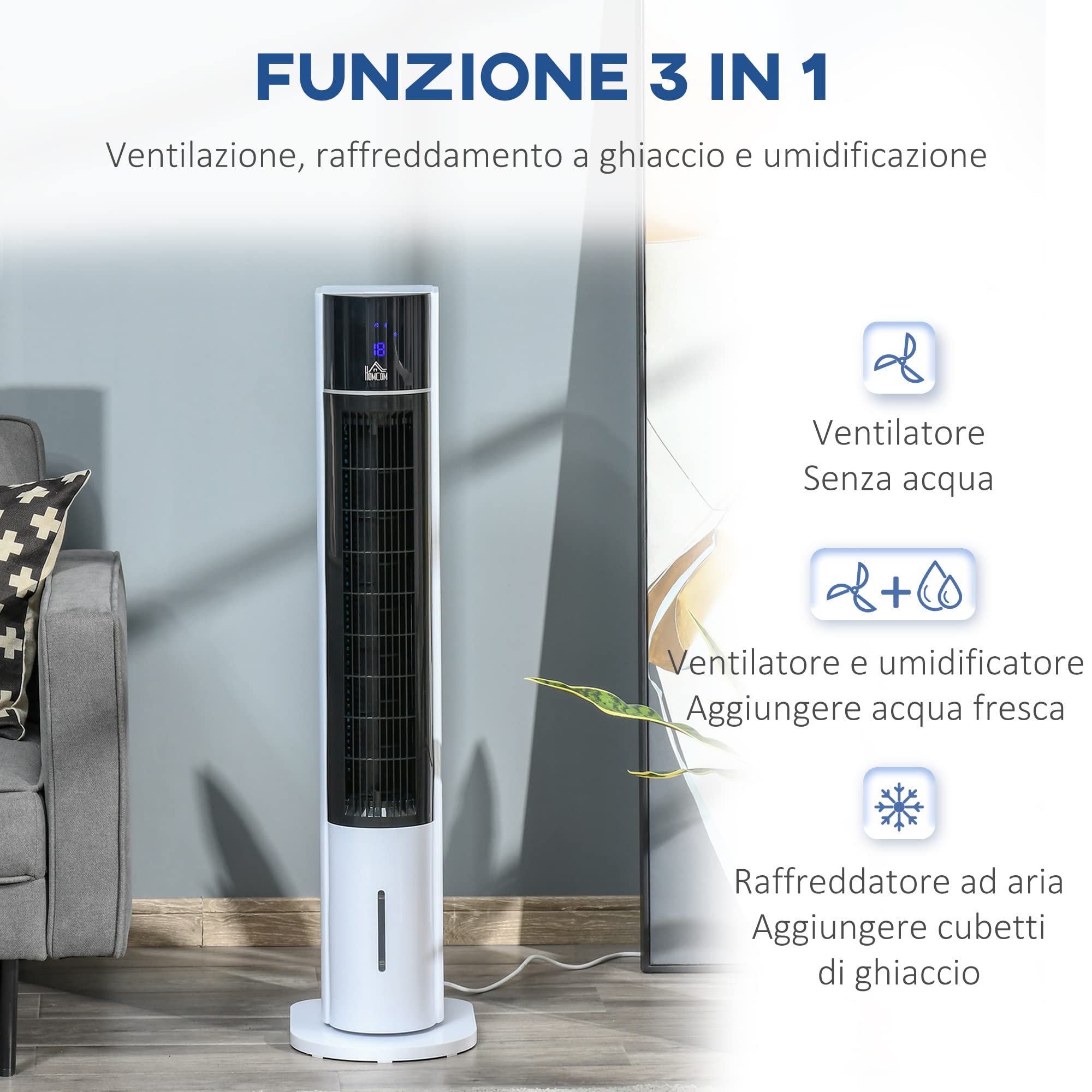 HOMCOM Ventilatore a Torre Raffrescatore Evaporativo 3 Modalità e 3 Velocità, Raffreddatore d'Aria Portatile con Timer, Oscillazione e Telecomando, 60W, Bianco