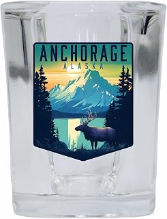 Anchorage Alaska Moose and Mountains Design Souvenir 2 Ounce Shot Glass Square Single