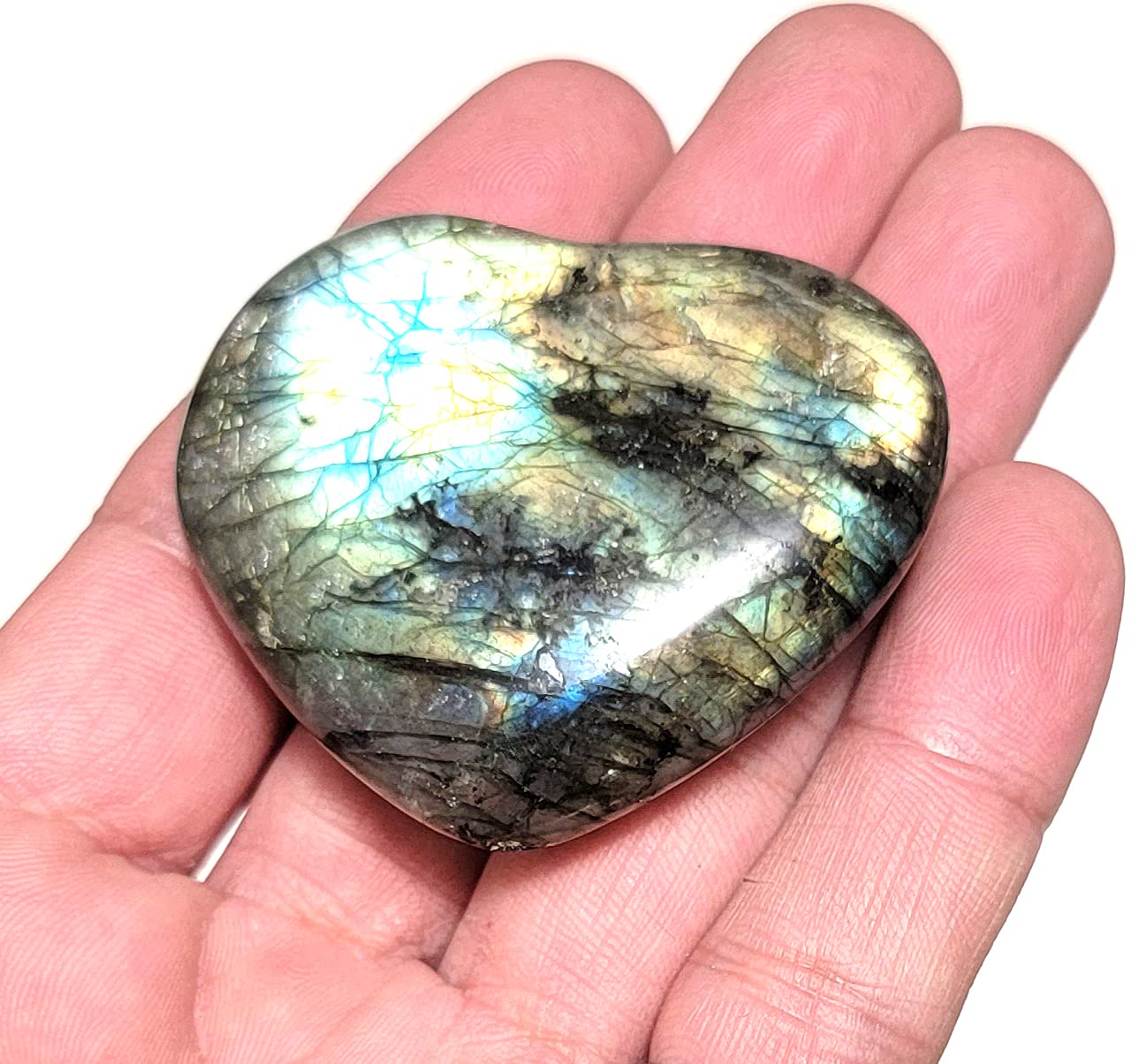 JM FutureLabradorite 2.2-2.4 Inch Sparkling Love Heart Shape Nature Stones & Crystal Irregular Polished Reiki Chakra Healing Palm Stone Home Decor (XX-Large 1 Piece)