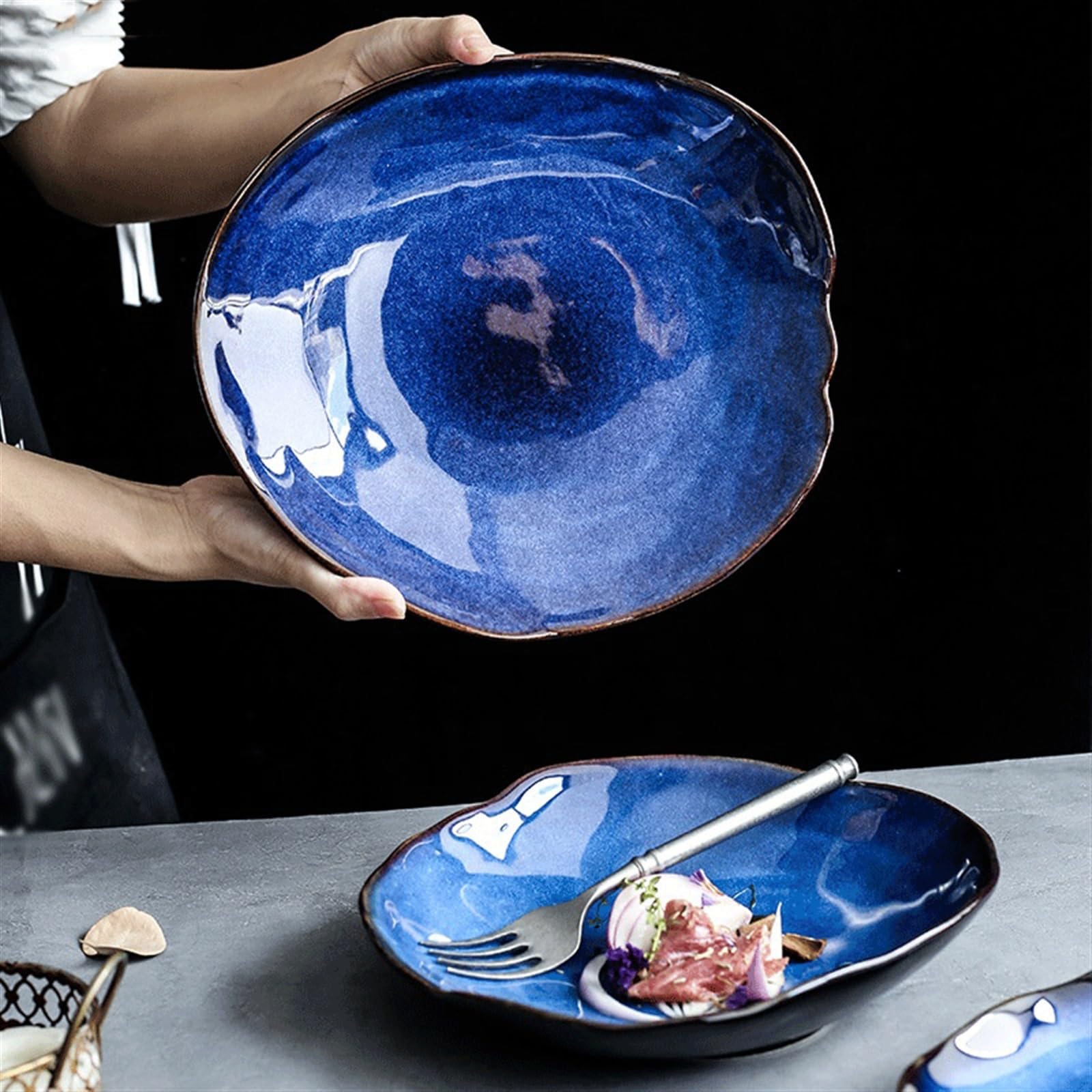 zastawa stołowa Gospodarstwo domowe płytki ceramiczny talerz niebieska glazura talerz sałatkowy talerz na owoce talerz na chleb nieregularne zastawy stołowe zachodni talerz żywności/materiały kuchenne