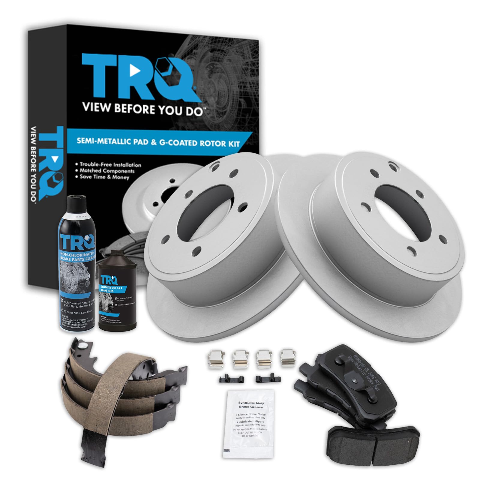 TRQ Rear Brake Pad &amp; Rotor Kit, with Chemical Kit Parking Brake Shoe Set Semi-Metallic Premium G-Coated Compatible with 2009-2014 Mitsubishi Lancer
