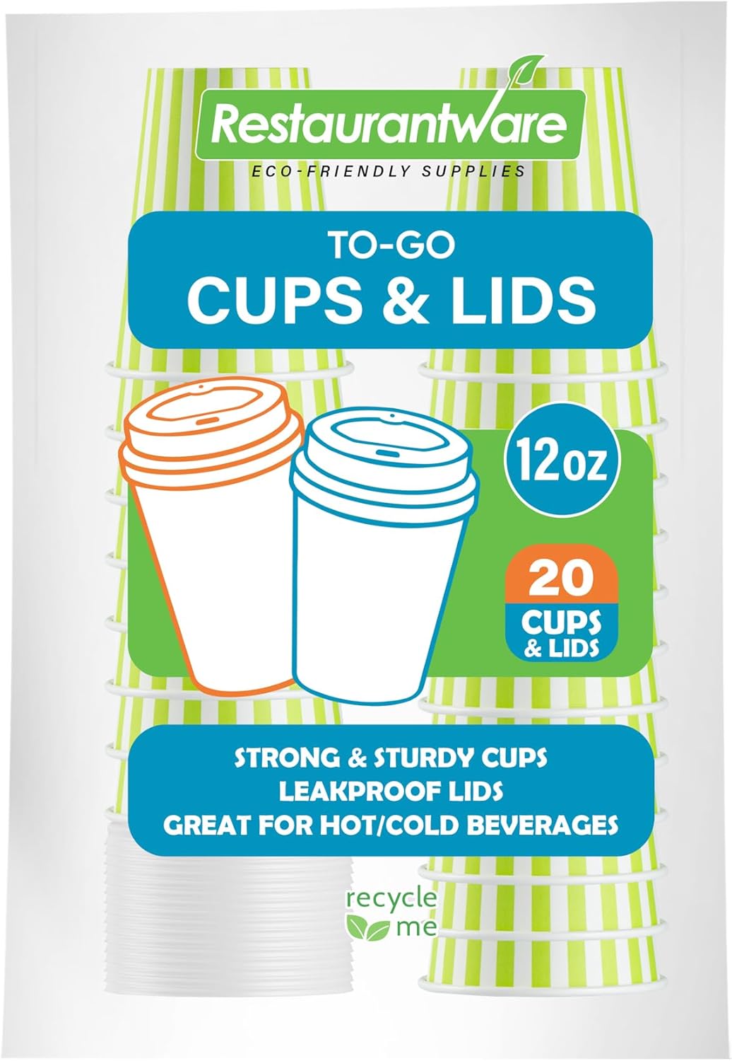 12 Ounce Disposable Coffee Cups With Lids, 20 Hot Cups With Lids - Sleeves Sold Separately, Single Wall, Green And White Stripe Paper Coffee Cups, For All Kinds Of Beverages - Restaurantware