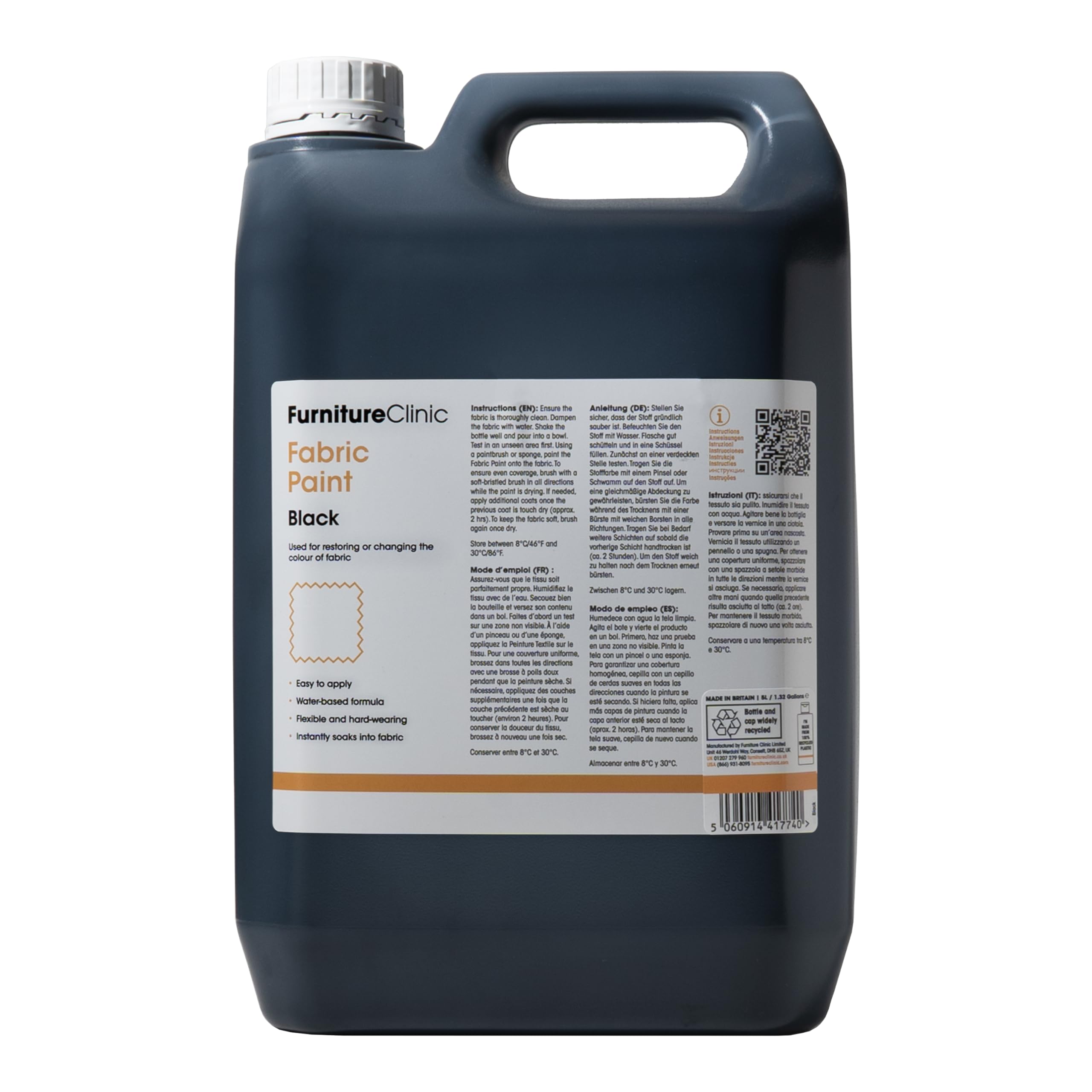 Furniture Clinic Black Fabric Paint - Use To Restore Or Change The Colour Of Upholstery, Soft Furnishings, Car Interiors - Easy To Use - Works On All Fabrics (, 5 Litre)
