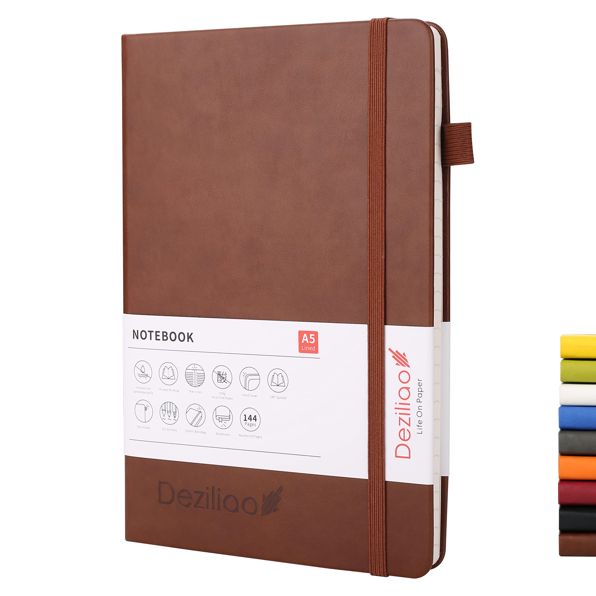 Deziliao Lined Journal Notebooks with Pen Loop, Hardcover Notebook Journal for Work, 100Gsm Premium Thick Paper with Inner Pocket, Medium 5.7"x8.4", (Brown, Ruled)