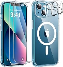 5-in-1 iPhone 13 Case for MagSafe with 2 Pieces Screen Protectors and 2 Pieces Camera Protection Military Standard Protection, PC Scratch Resistant Back Shockproof TPU Bumper Magnetic Case 6.1 Inch (Clear)