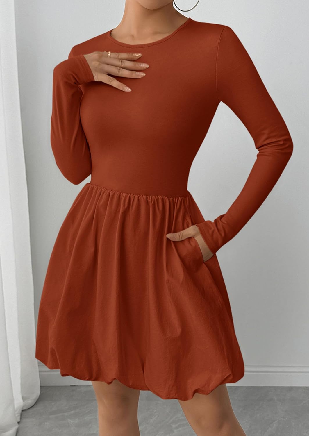 PRETTYGARDEN Fall Dresses for Women 2026 Casual Long Sleeve Bubble Cute Crew Neck A Line Mini Short Dress with Pockets - Image 5