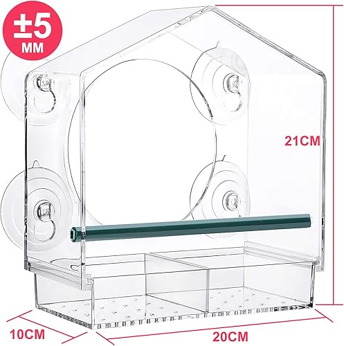 Miniatura 2 de Comedero para pájaros con ventana con ventosa fuerte, comedero para pájaros de gran capacidad, bandeja extraíble para semillas con orificio de