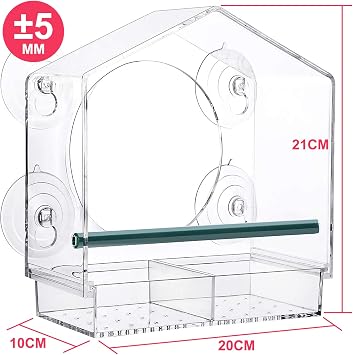 Strong Suction Window Bird Feeder House, Large Capacity Window Bird Feeder with Removable Seed Tray and Drainage Holes for Bird Feeding Dunnock Blue Tit Robin Small Wild Birds, 21cmX20cmX10cm