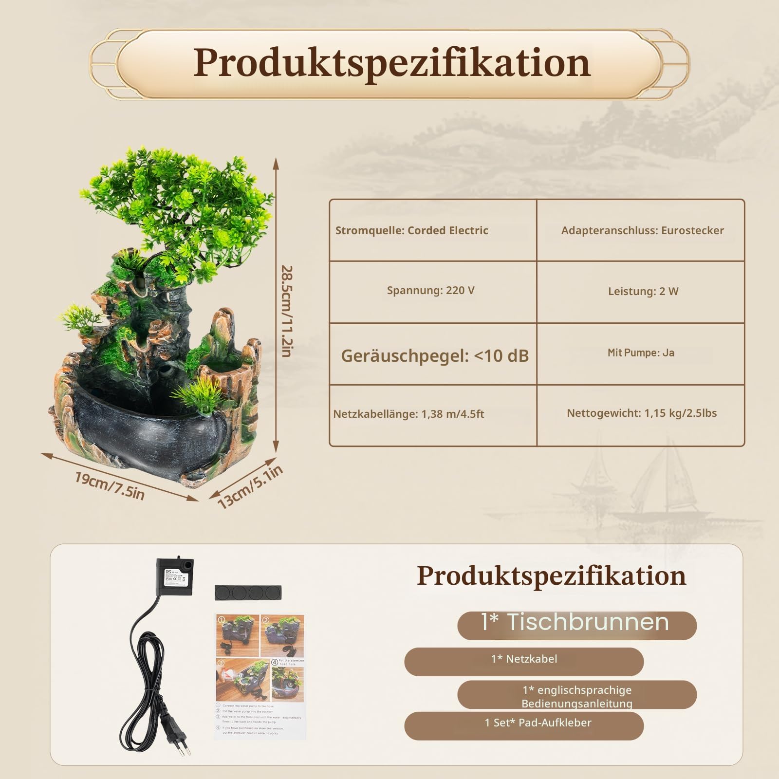 Zimmerbrunnen Wasserfall – Tischbrunnen Klein mit Wasserpumpe, Springbrunnen Zimmer Wasserspiel für Wohnzimmer Büro, Bonsai Zen Garten Deko Meditation