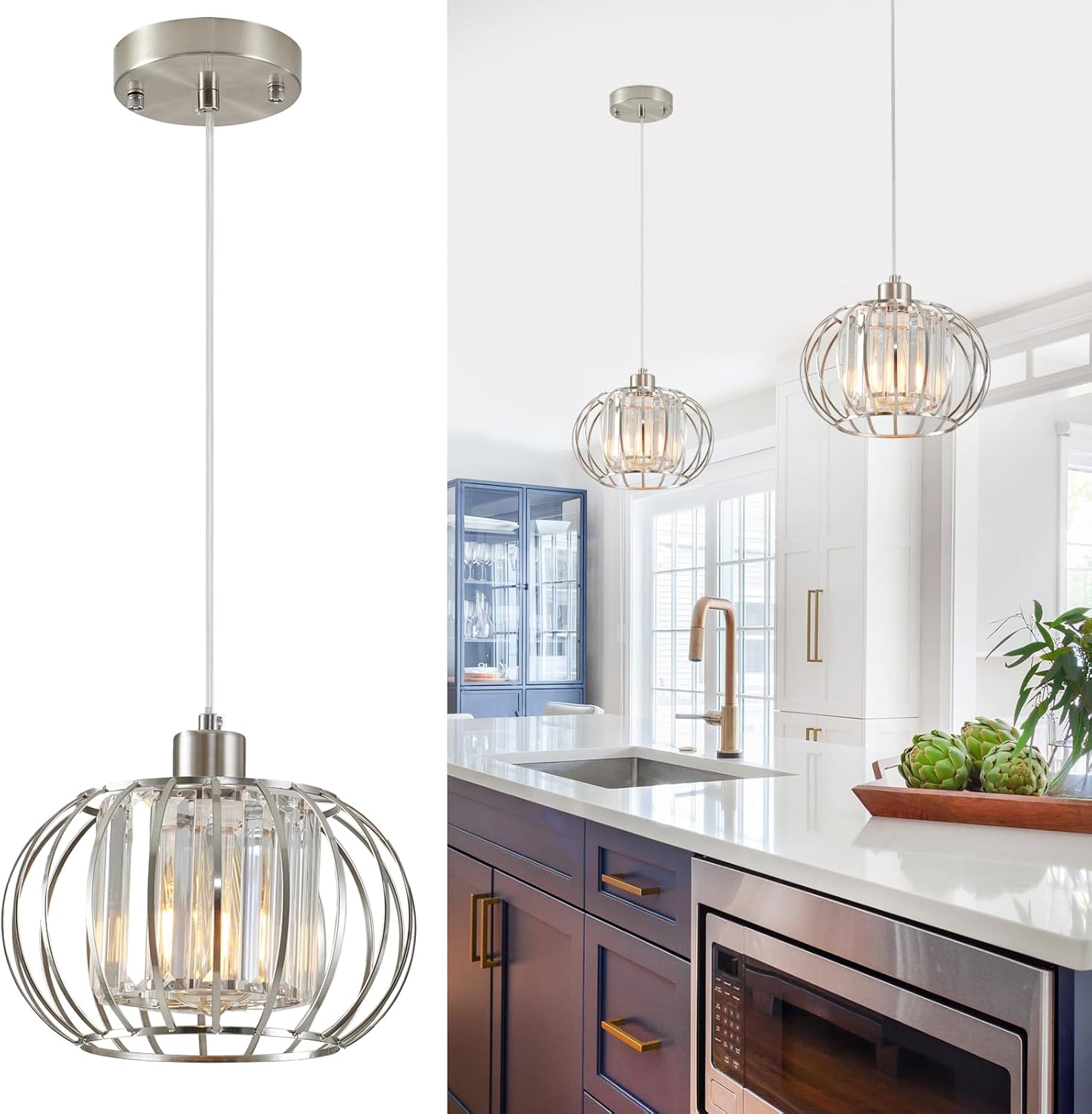 Brushed Nickel Pendant Light Fixtures, Modern Crystal Hanging Ceiling Light, Farmhouse Small Chandeliers, Metal Cage Pendant Lighting, Adjustable Pendant Lights Kitchen Island, Hallway