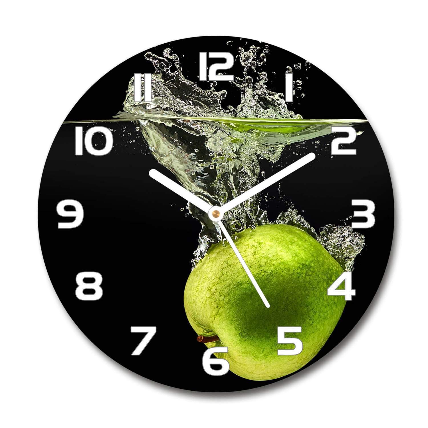 Horloge en verre rond 30cm Tulup avec impression pommes vertes et aiguilles blanches