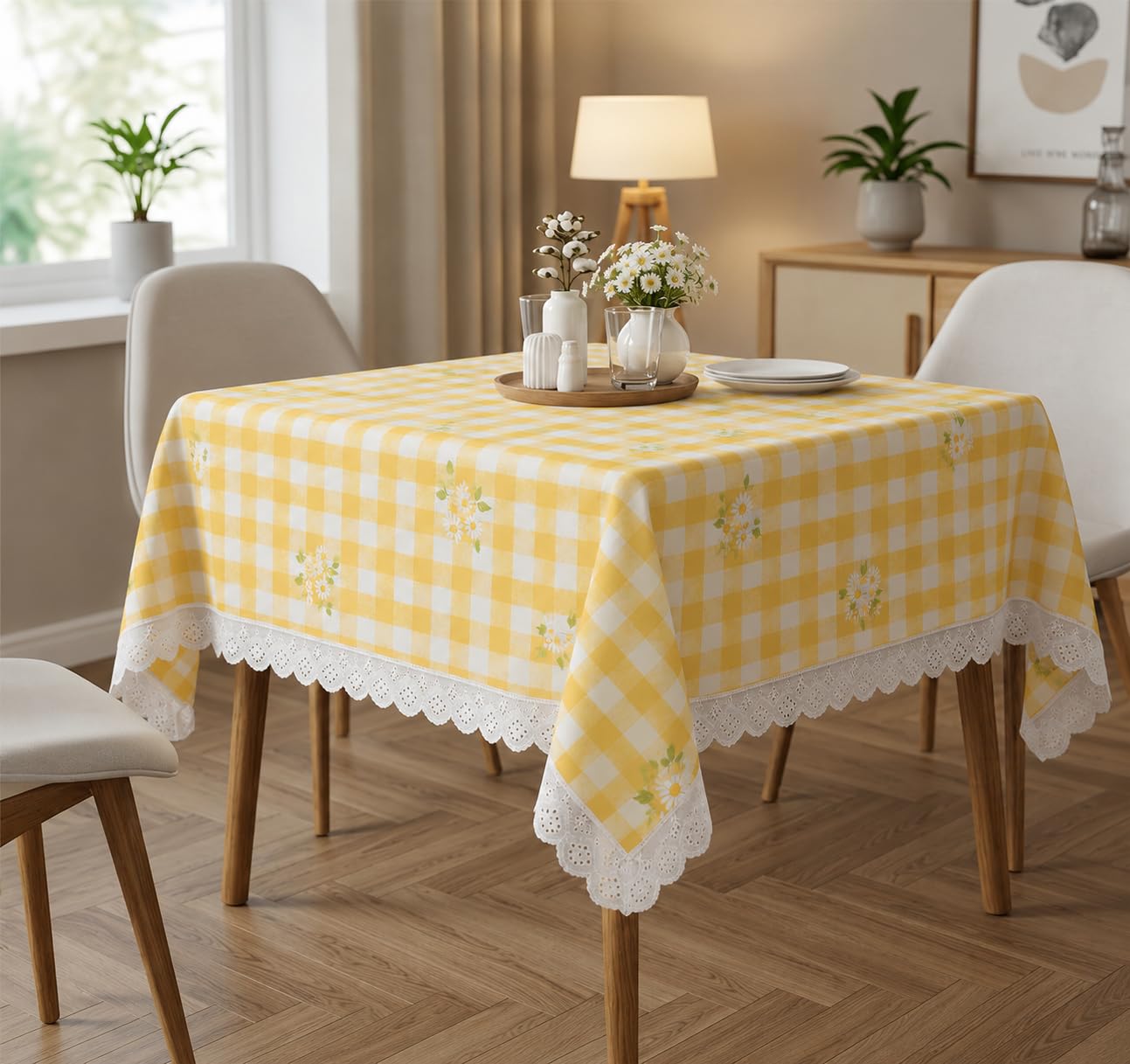 Amazon Brand - Umi Cotton Tablecloth Pack of 2, 4-6 Seater Dining Table Cover, Yellow Gingham Check Daisy Floral Print Rectangular Table Linen with Lace Trim 4 Corners Farmhouse Cottage Style-image-13