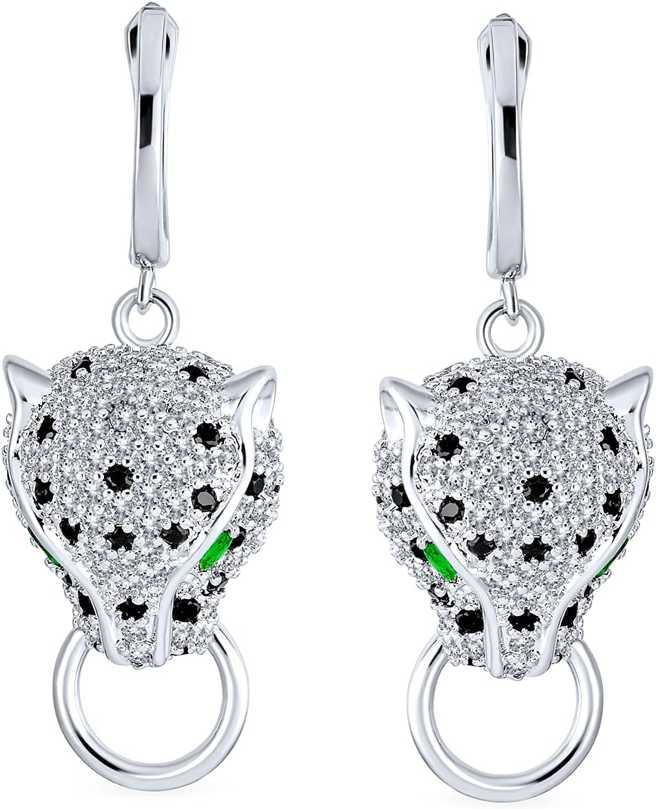 Estate Art Deco Style Animal Spotted Black White Cat Green Eye Cubic Zirconia CZ Panther Earrings Pendant Necklace Cocktail Jewelry Set For Women Silver Plated Brass - Image 2