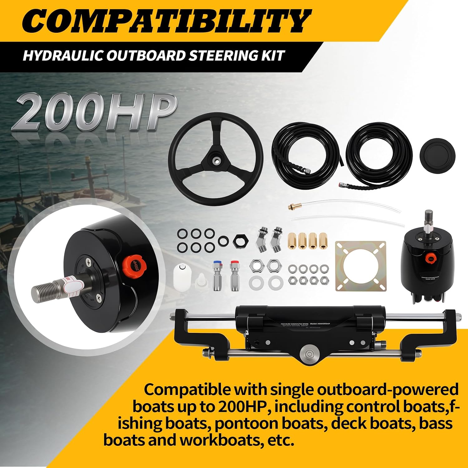 150HP/ 200HP Hydraulic Outboard Steering Kit with Hydraulic Cylinder Helm Pump Hoses Steering Wheel Compatible with Outboard Engines up to 150HP/ 200HP