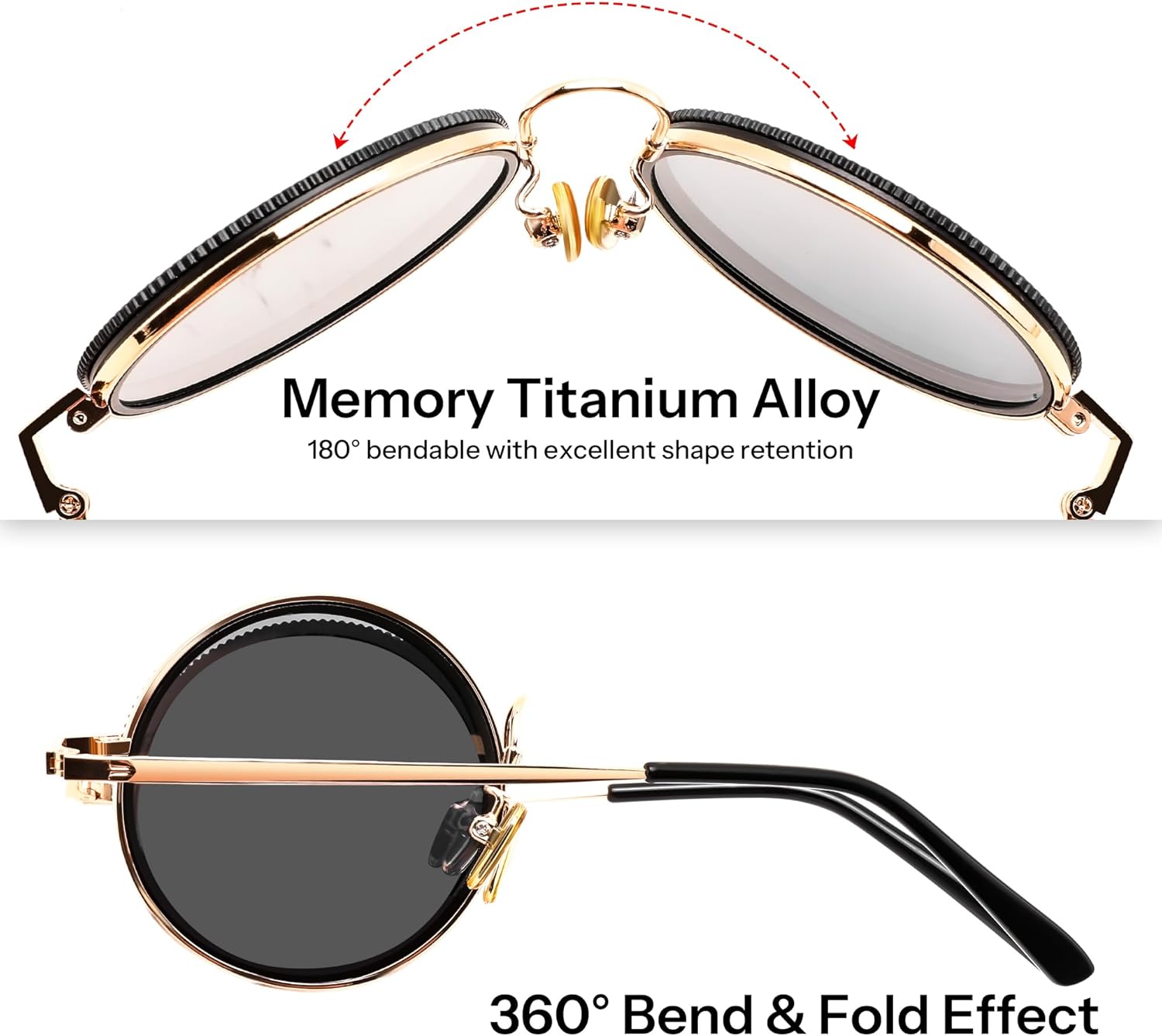 FEISEDY Adjustable Polarized Sunglasses,Foldable Lightweight Memory Titanium Frame,Steampunk Round ND TAC Lens UV400 B0379