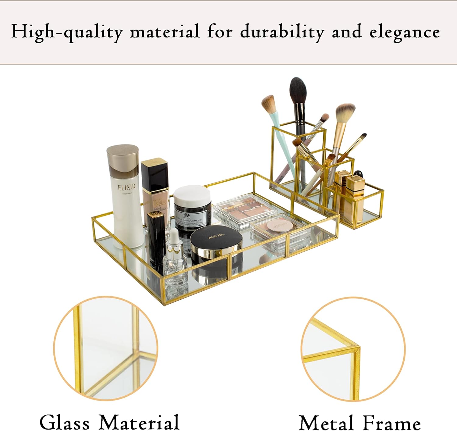 Gold Metal Frame and Glass Vanity Tray Set, Large Decorative Platform for Perfumes, Makeup Brushes, Jewelry Display, Office Stationery Holder, Sophisticated Design, 12.2x8.5x2.2 in
