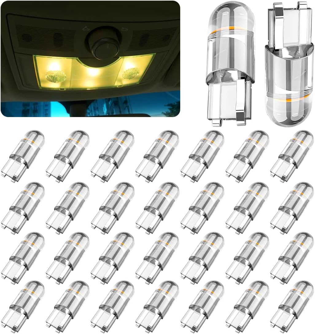 zipelo 30-Pack 194 LED Light Bulbs 6000K White, 168 2825 W5W T10 Wedge COB LED Replacement Bulbs, Dome Map Door Courtesy License Plate Lights, 0.36W 12V Error Free Interior Bulbs for Cars (Yellow)