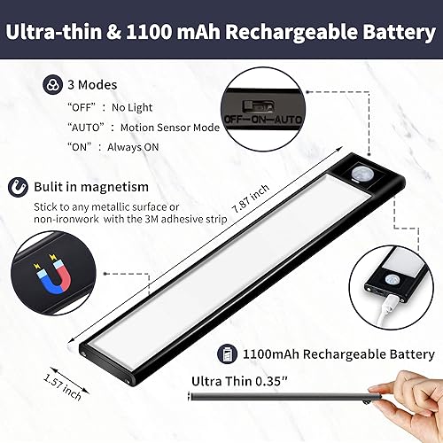 Miniatura 5 de Paquete de 3 sensores de movimiento de iluminación debajo del gabinete, 31 luces LED magnéticas para armario, luces recargables a pilas, luz
