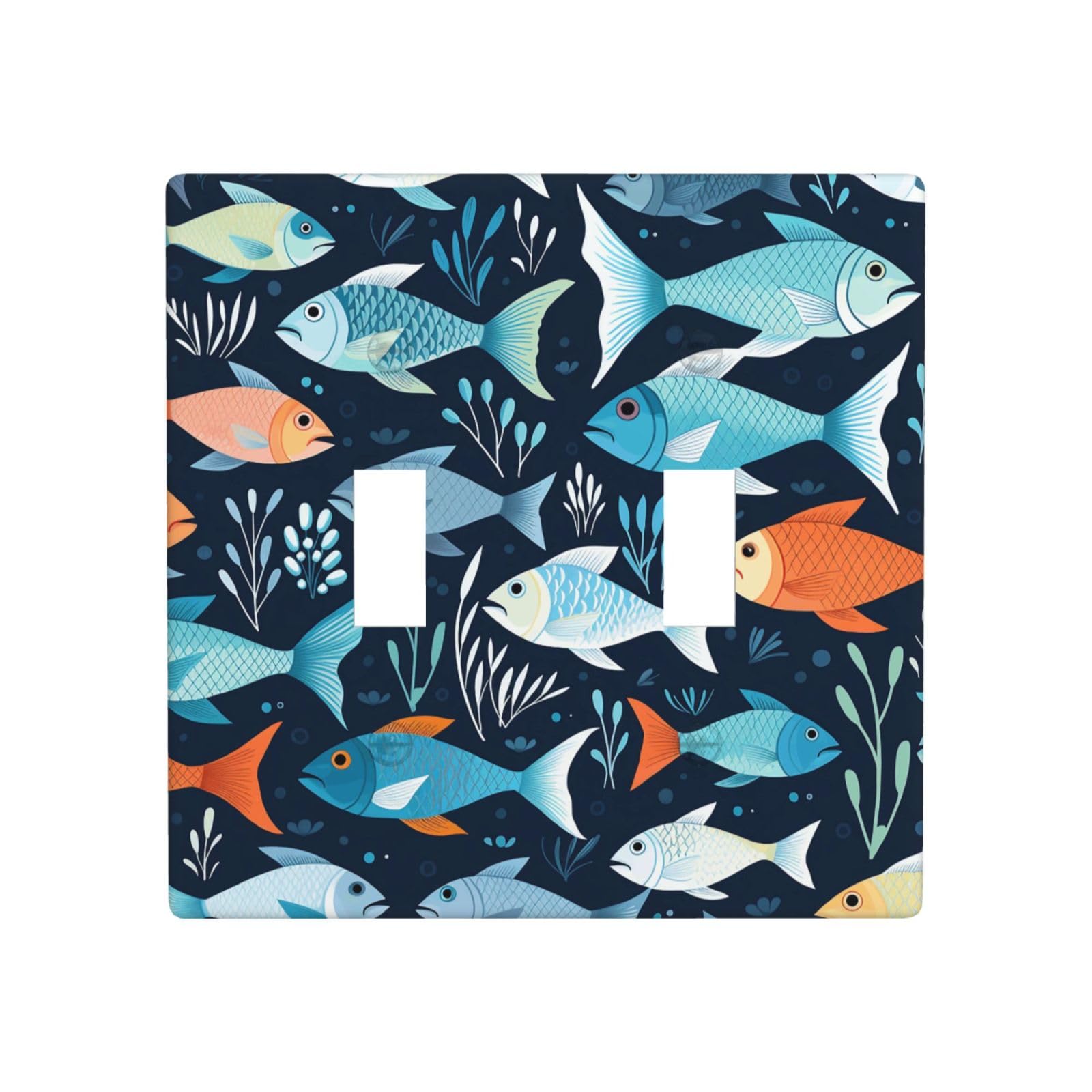 Decorator Double Toggle Light Switch Covers Fishes Pattern Wall Plate 2-Gang Standard Size 4.5" x 4.5" Double Toggle Switch Wallplate Decorative 2 Gang Wall Switch Plate Covers