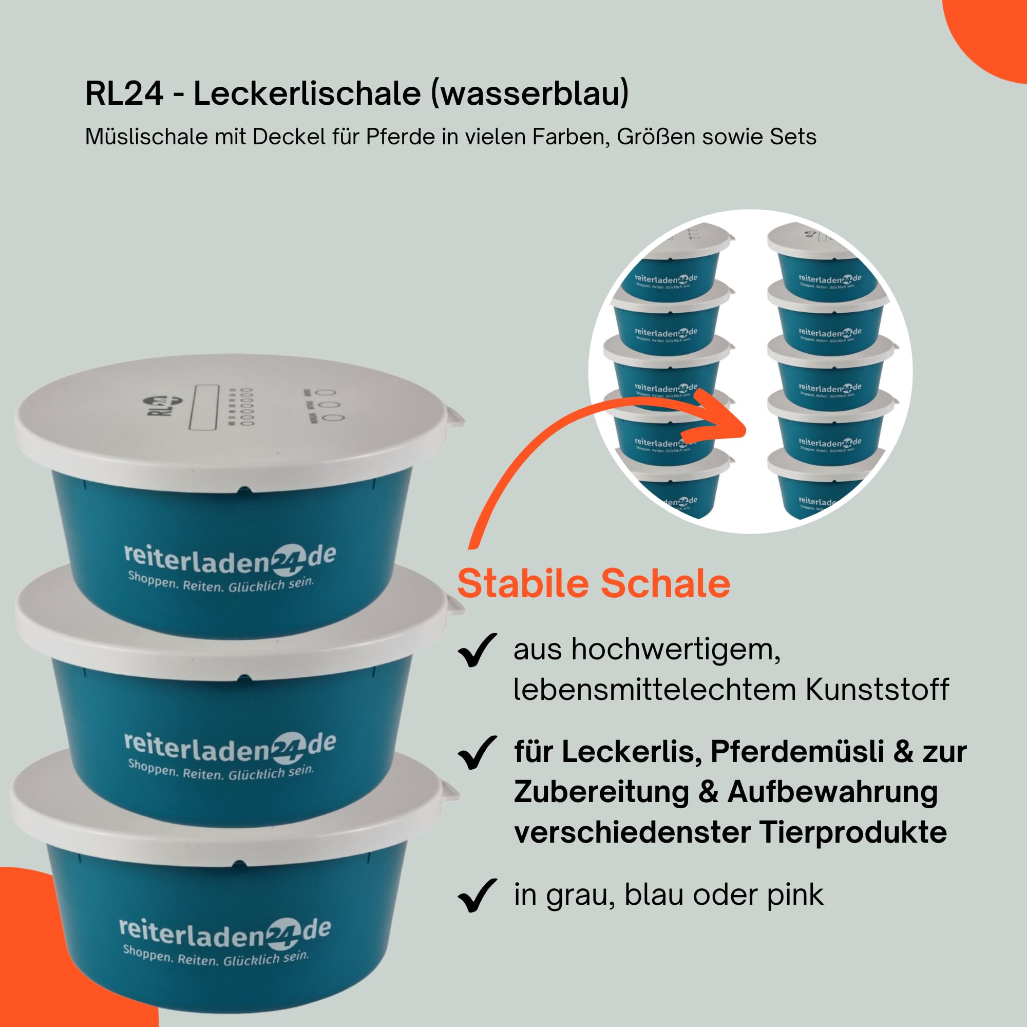 RL24 - Leckerlischale – Pferde Müslischale mit Deckel – Futterschale zur Aufbewahrung von Leckerli & Pferdefutter – Leckerli-Dose in Wasserblau – 3 Schalen á 6l (3er Set) – Pferdezubehör