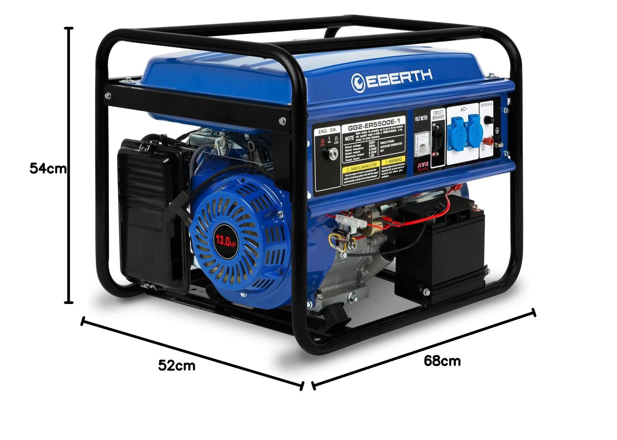 EBERTH 5500 Watt Groupe electrogene Generateur electrique portable moteur à essence 13 CV, 4 temps, 2x 230V, 1x 12V, monophasé, démarrage électrique, régulateur AVR, sécurité niveau d'huile
