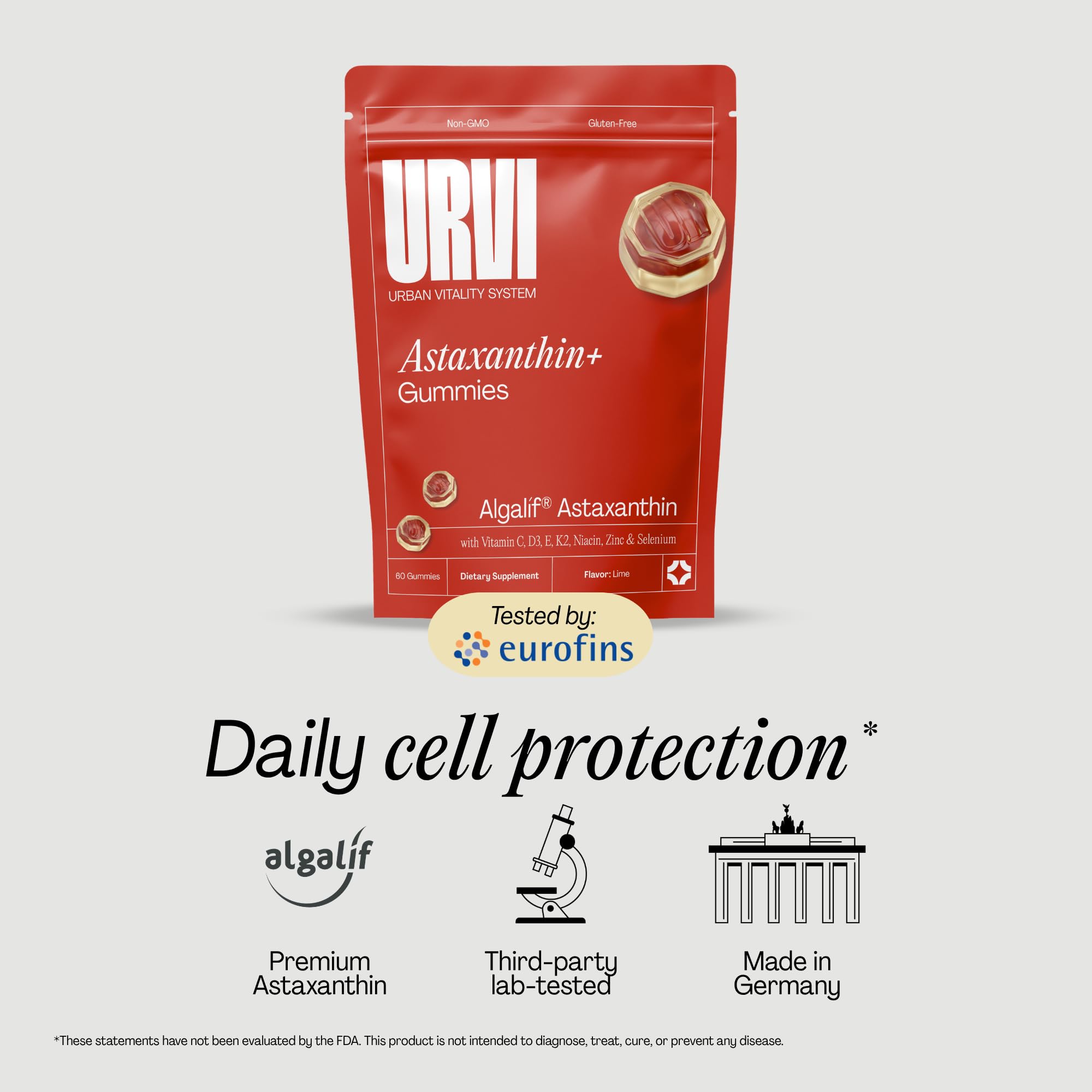 URVI Astaxanthin Gummies 6mg (Algalíf® Iceland) with Vitamin C, D, E, K2, Niacin, Selenium & Zinc – Daily Antioxidant Support – Lime Flavor, 60 Chews — Amazon image 7