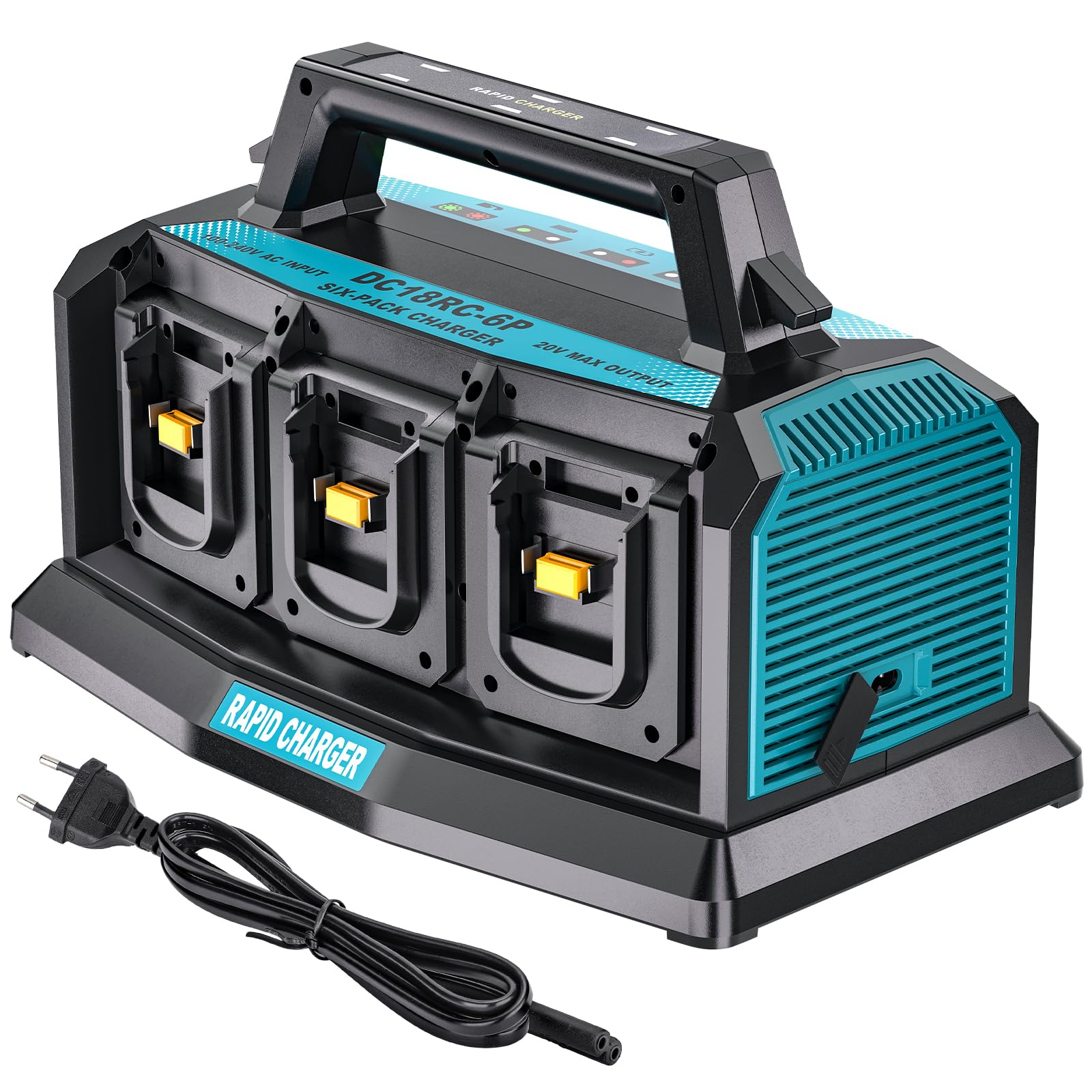 YEX-BUR 6-Ports Ladegerät für Makita 14,4v-18v Akku (Li-Ion, gleichzeitiges Laden von 6 x 18V Akkus, Akkuladestrom: 3A, inkl. Adapter, ohne Akku) DC18RC 18V Schnellladegerät