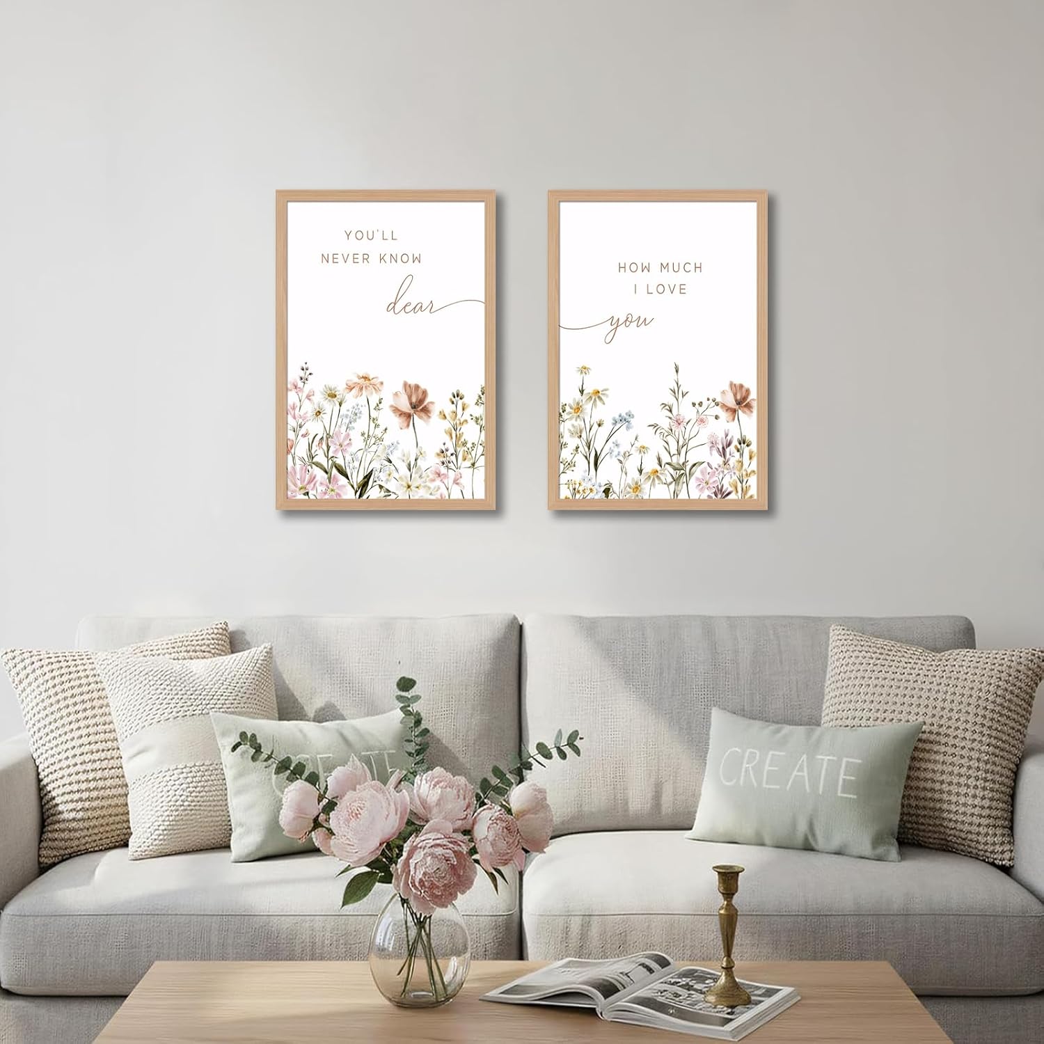 2Pcs Framed Wildflower Nursery Wall Art Flower Botanical Canvas Poster Painting Picture Boho Girl Nurseries Print Artwork for Nursery Baby Room Living Room Bedroom Home 12X16in