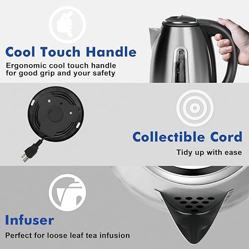 Miniatura 3 de Hervidor eléctrico de acero inoxidable, 1.8 litros, tetera y hervidor de agua caliente, base giratoria de 360, sin BPA, apagado automático, a prueba