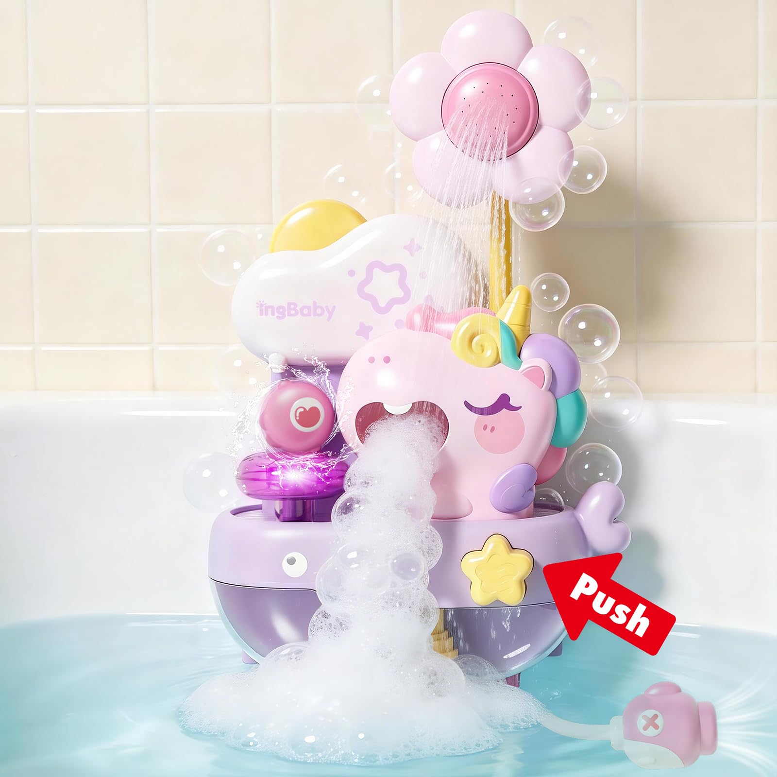Unicorn Baby Bath Toys, 2 in 1 Automatic Bubble Machine with Led Light, Water Spray Shower Head | Bubble Maker Shower Toy, Interactive Light up Bathtub Toy for Toddlers 2-4 Year Old, Boy and Girl Gift