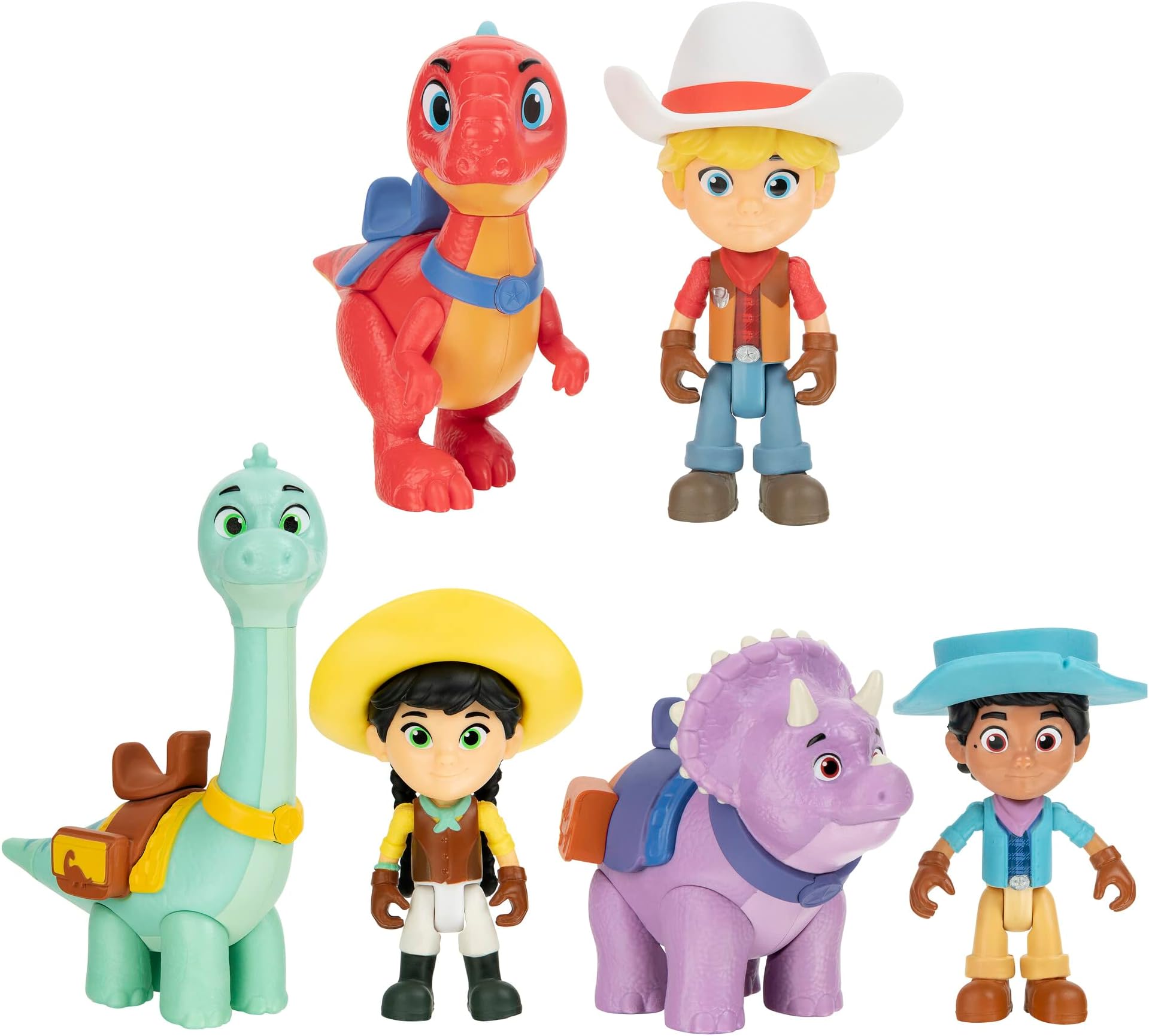 Dino Ranch 6-Figure Pack - Jon and Blitz, Min and Clover, Miguel and Tango - Three 3” Dino Ranchers and Three 4” Dinos, Plus Fence Pieces - Toys for Kids Featuring Your Favorite Pre-Westoric Ranchers