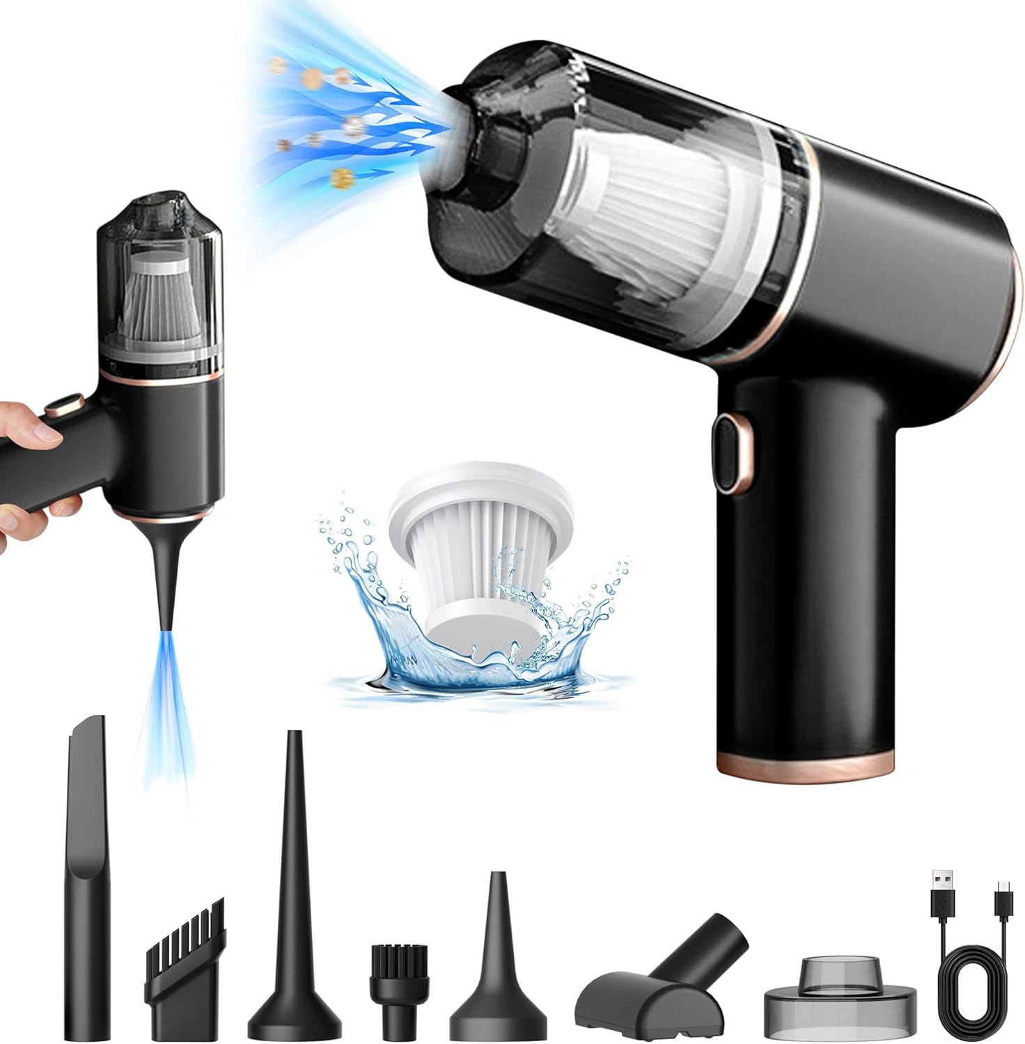 CIMESEN Mini Handheld 4-in-1 Portable Vacuum, Cordless, 10000PA, Rechargeable, Multi-Nozzles, Pet & Home Office Vacuum (Black)