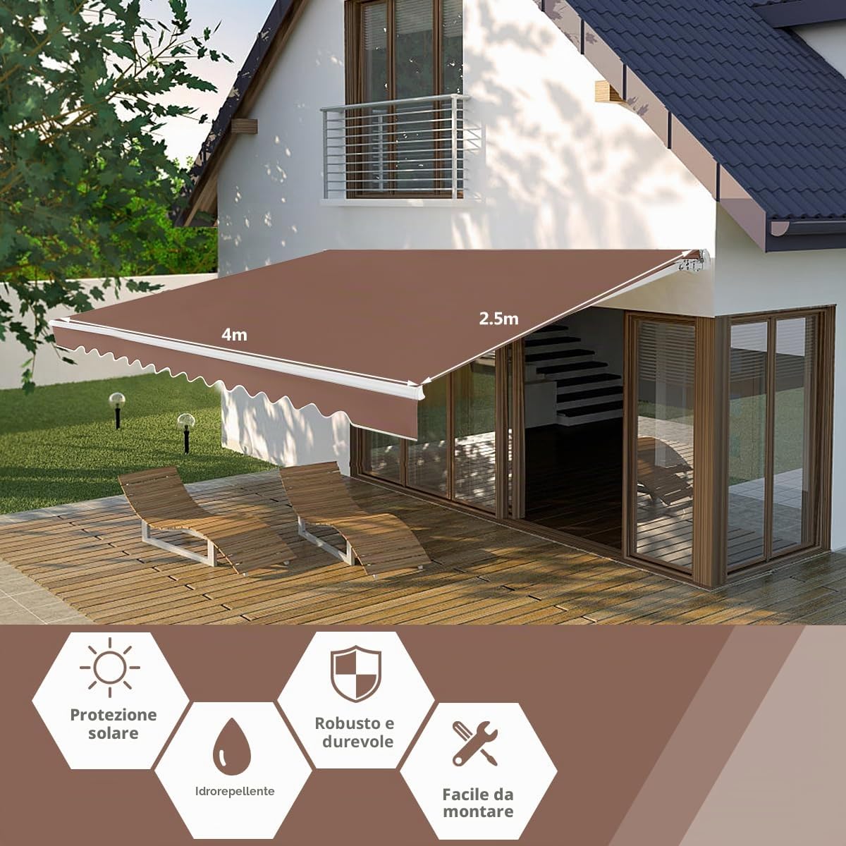 HOMASIS Tenda da Sole a Rullo, Tenda Parasole Retrattile con Manovella, Tenda per Balcone Regolabile in Angolo, Protezione Solare in Metallo e PU per Giardino e Terrazza (Marrone, 4 x 2,5 m)