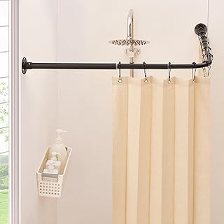 Mirooyu L Shaped Shower Curtain Rod, [24"-47.6"] x [24"-47.6"] Dual-Slide Corner 90 Degree Shower Rod for Bathroom, Bathtub & Outdoor with 12 Hooks & Ceiling Support - Matte Black
