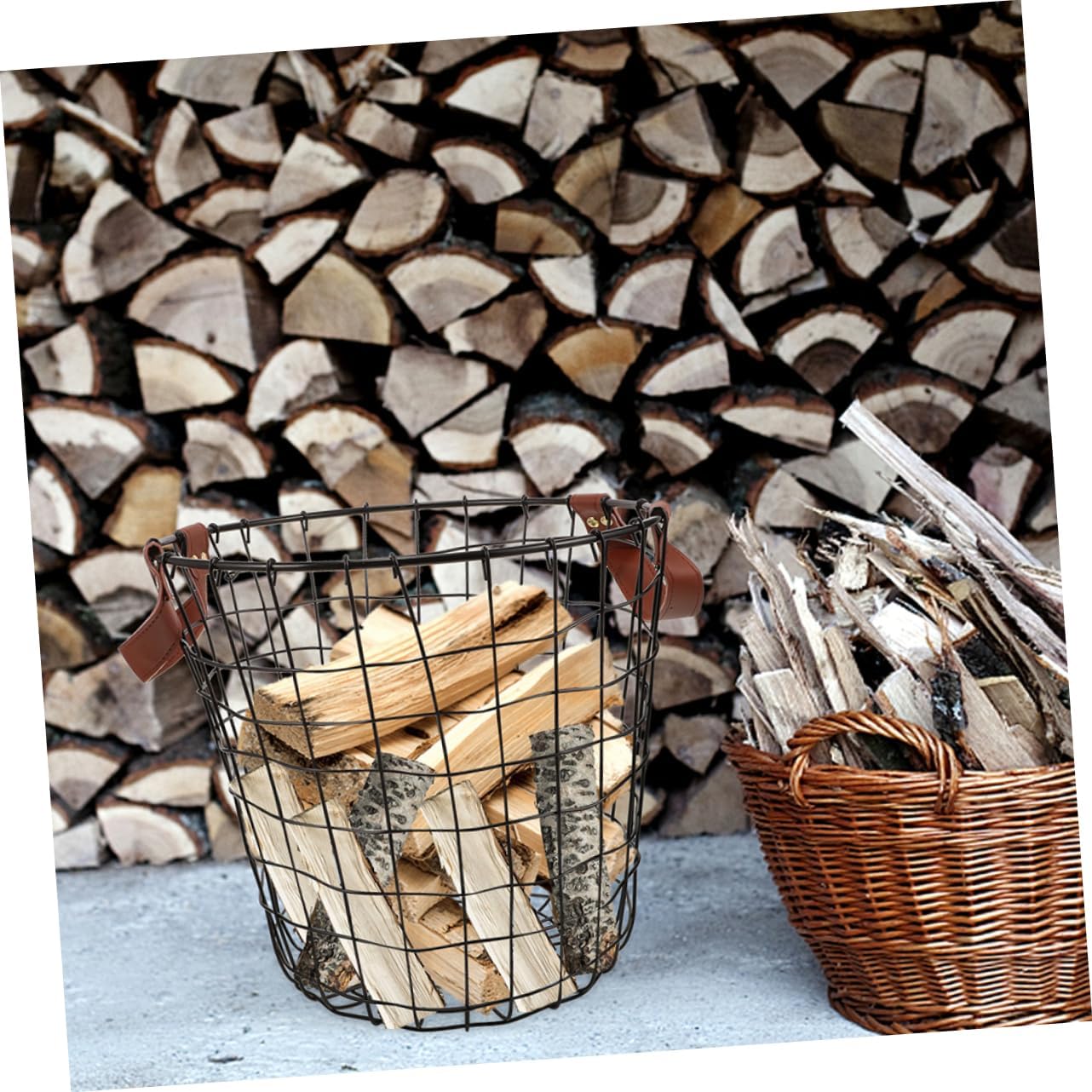 2pcs Rustic Outdoor Firewood Storage Basket Large Woven Wire Basket Metal Firewood Holder Indoor Log Carrier