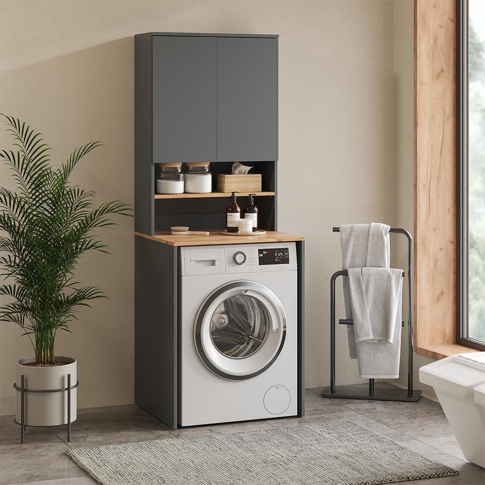 Vicco armadietto coprilavatrice Viktor, Antracite/Rovere dorato, 68 x 88.2 cm 2 parti con ripiano, adatto per riporre detersivo e asciugamani