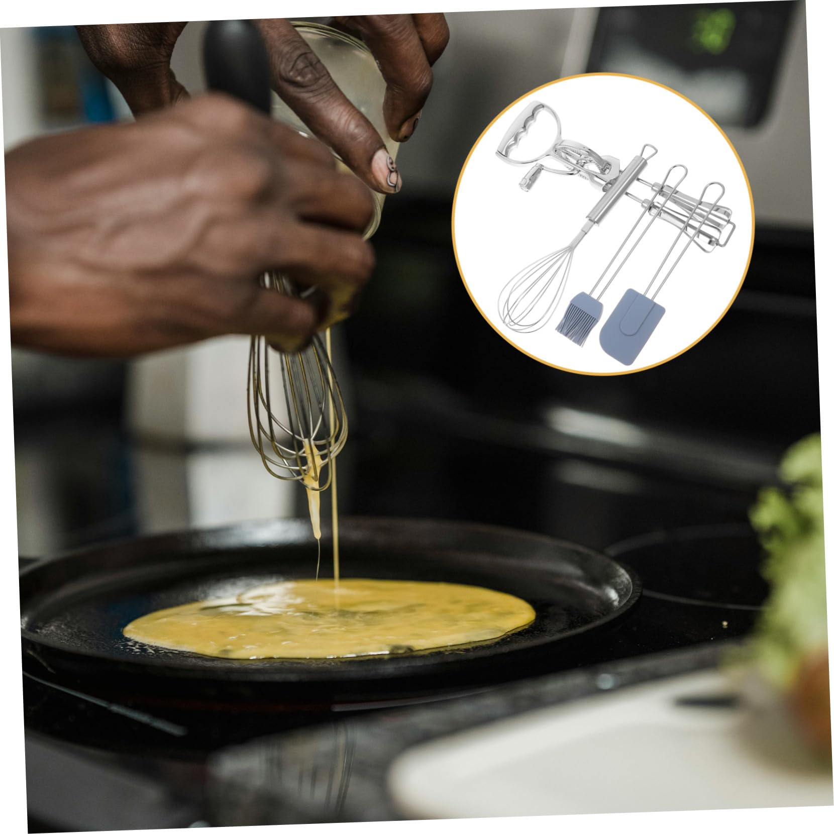 OUNONA 4 Stück Handlicher Manuelles Rotations-eierschläger-set mit Edelstahl-schneebesen Hitzebeständiger Silikonbürste und Spatel Vielseitiges Küchenwerkzeug für Backen Teigmischen und