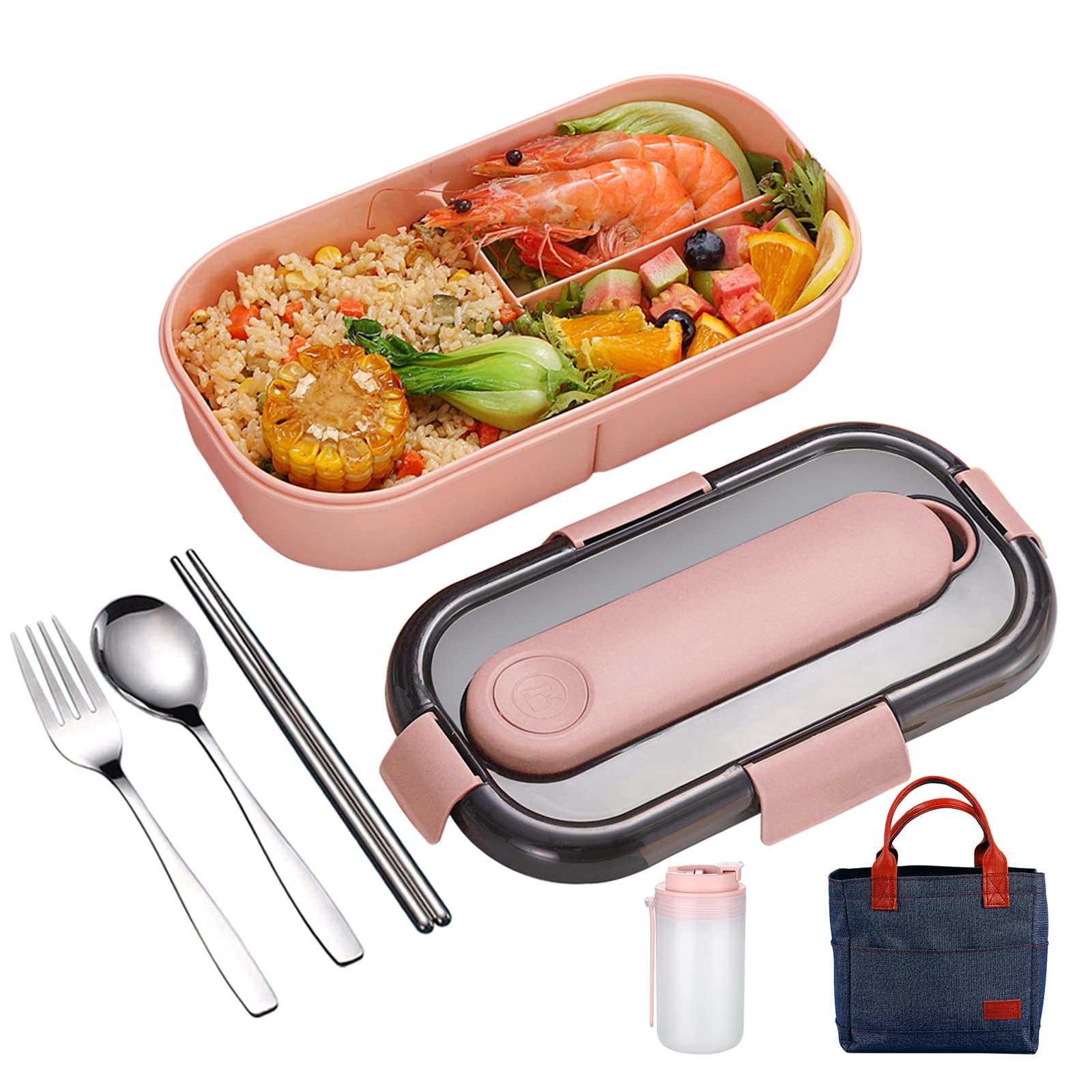 YBOBK HOME Japanese Lunch Box for Kids Microwave Safe Plastic Bento Lunch Box with Bag & Utensils & Water Bottle, Leakproof BPA-Free 3-Compartment Meal Prep Portion Control Container for Adults (Pink)
