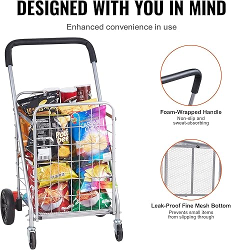 Miniatura 4 de VEVOR Carrito de compras plegable, capacidad de carga estática de 110 libras, carrito de comestibles con ruedas giratorias giratorias, cesta de
