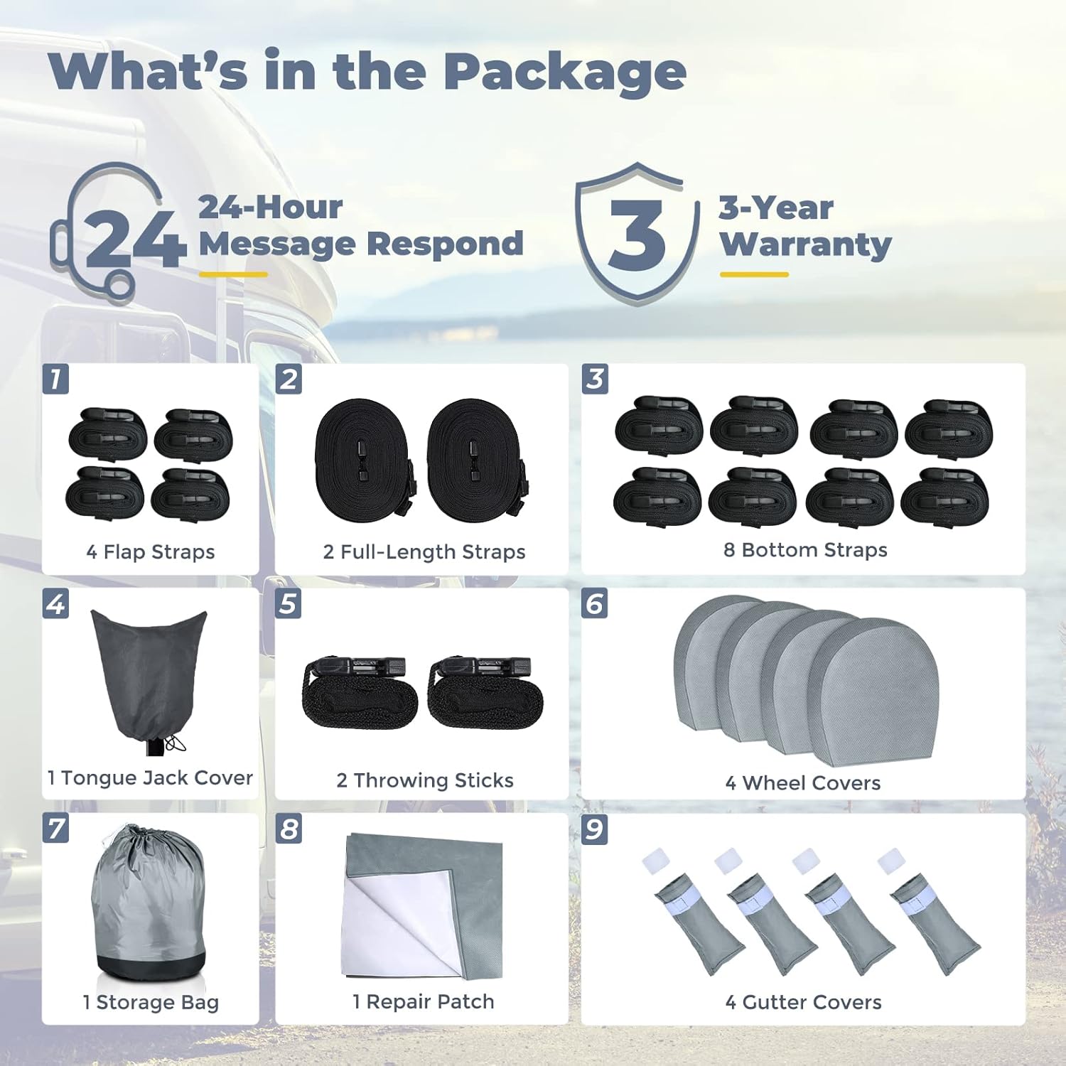 RVMasking Upgraded Waterproof 600D Top Travel Trailer RV Cover for 31'7''-34' Motorhome - Rip-Stop Windproof & Anti-UV Camper Cover with 4 Tire Covers & Tongue Jack Cover