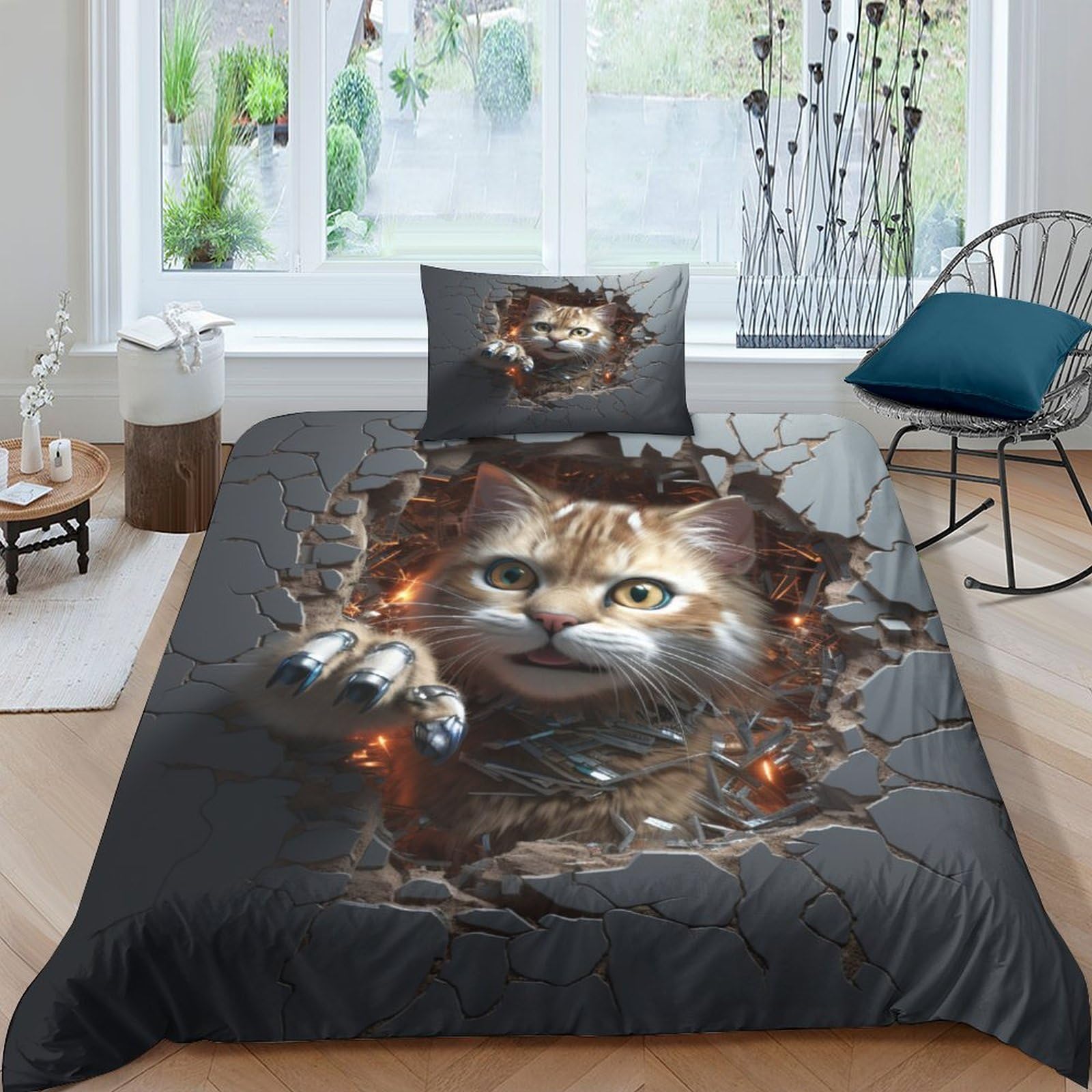 Housse de couette chat 3D motif Kung Fu 135x200cm pour chambre d'enfant et ado